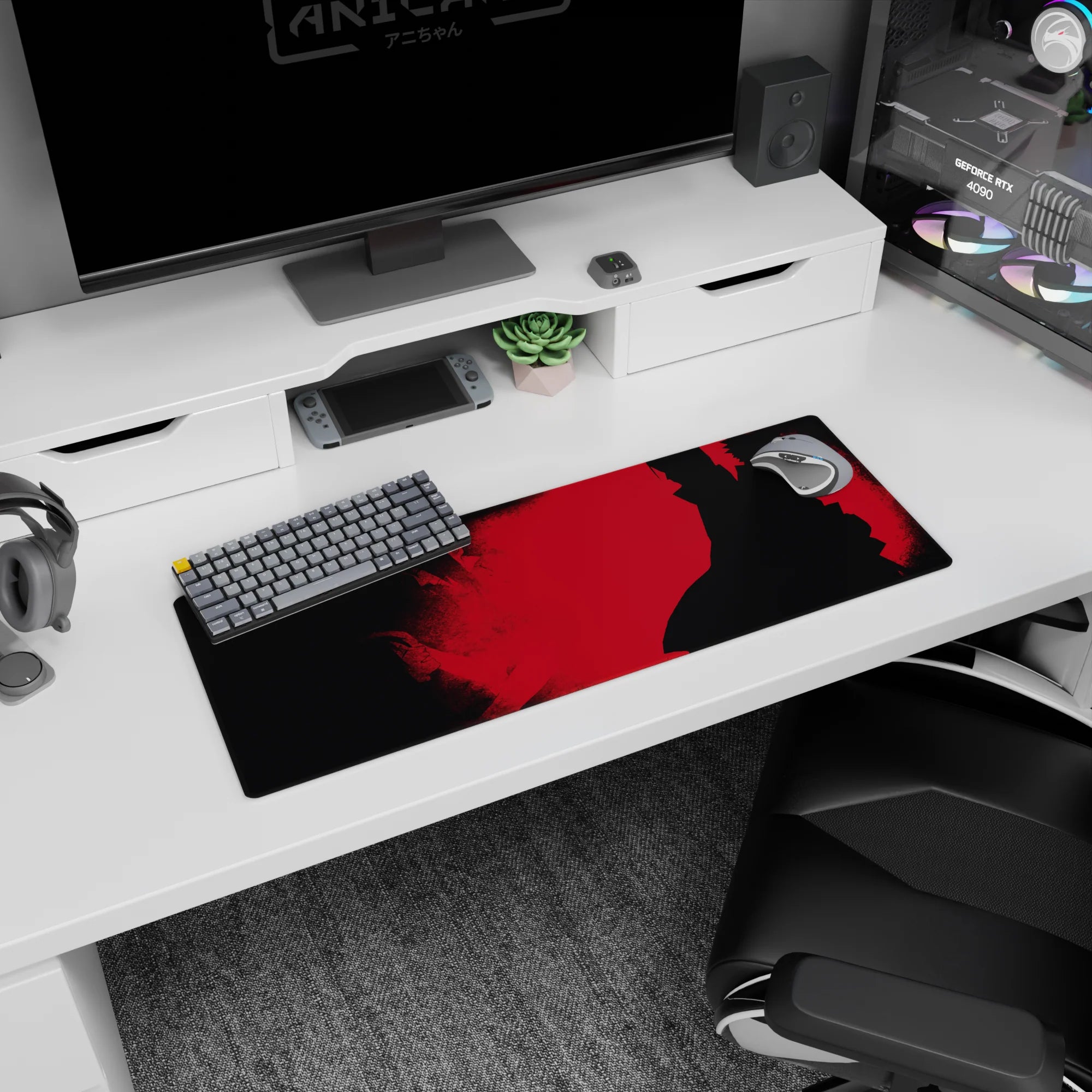 32x12 inches Itachi Uchiha mouse pad, flowing cloak silhouette on red background with hidden faces in shadow.