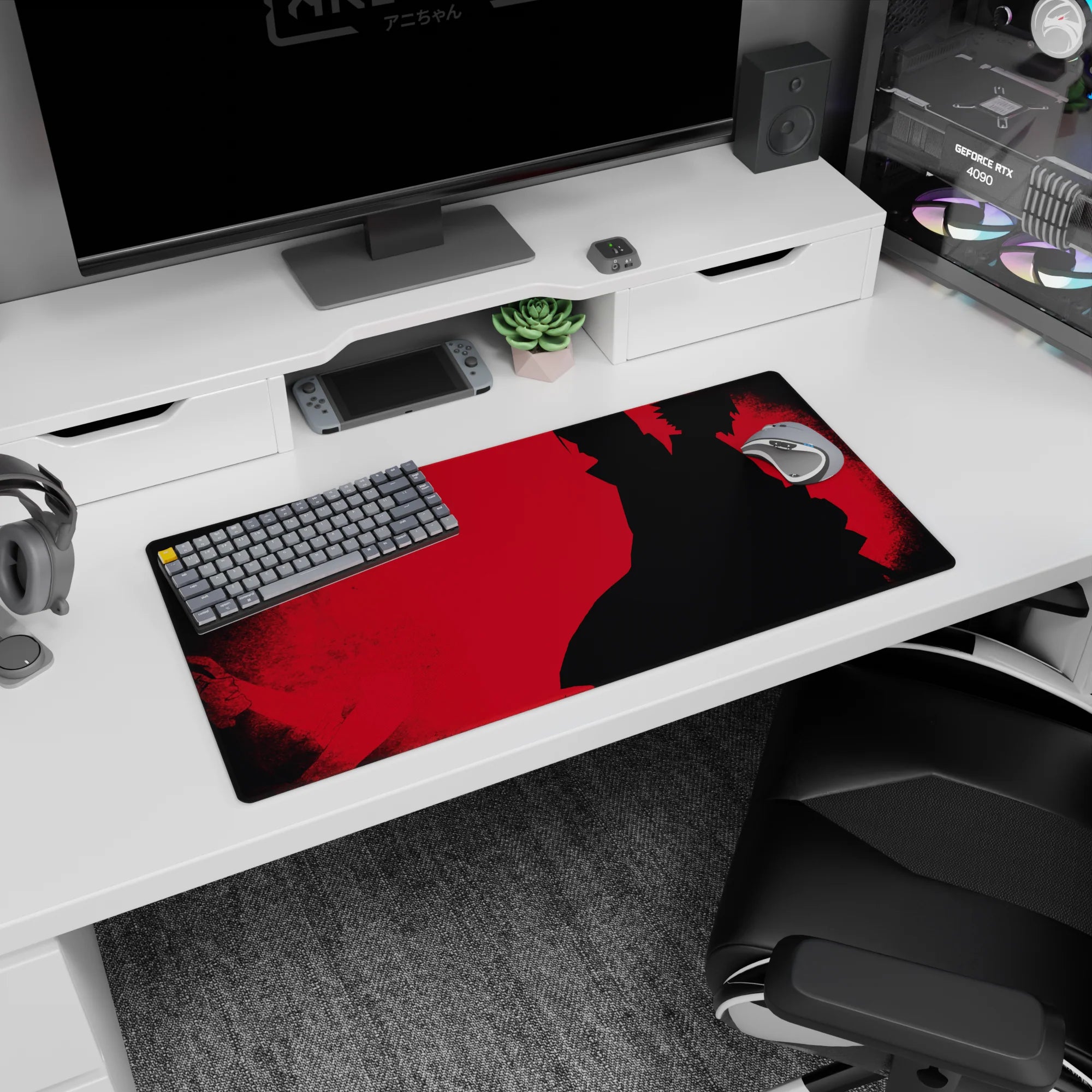 32x16 inches Itachi Uchiha mouse pad, cloak billowing on red backdrop like a quiet showdown.