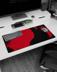 32x16 inches Itachi Uchiha mouse pad, cloak billowing on red backdrop like a quiet showdown.