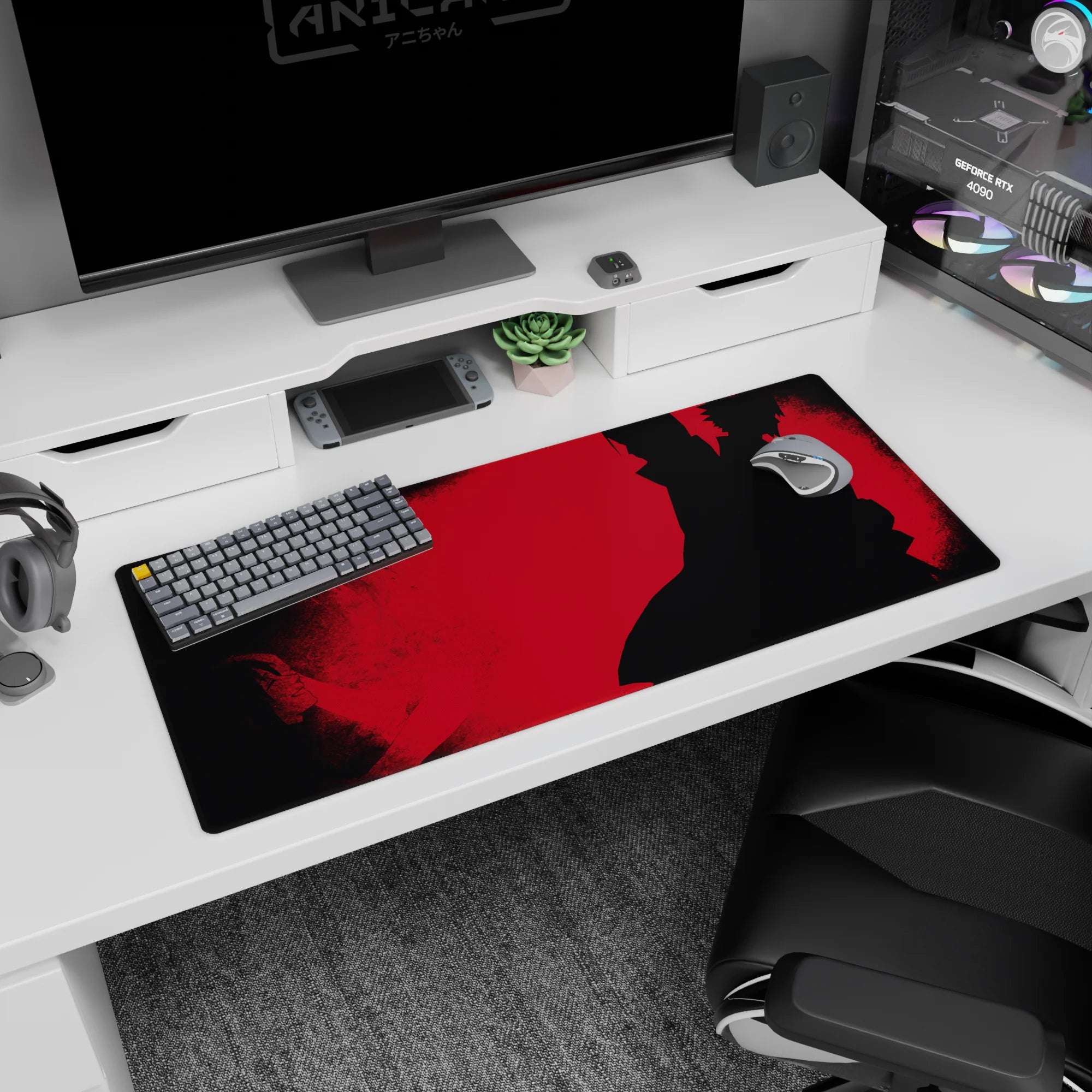 36x16 inches Itachi Uchiha desk pad, Naruto-inspired, cloak flowing in a quiet showdown scene with smoke.