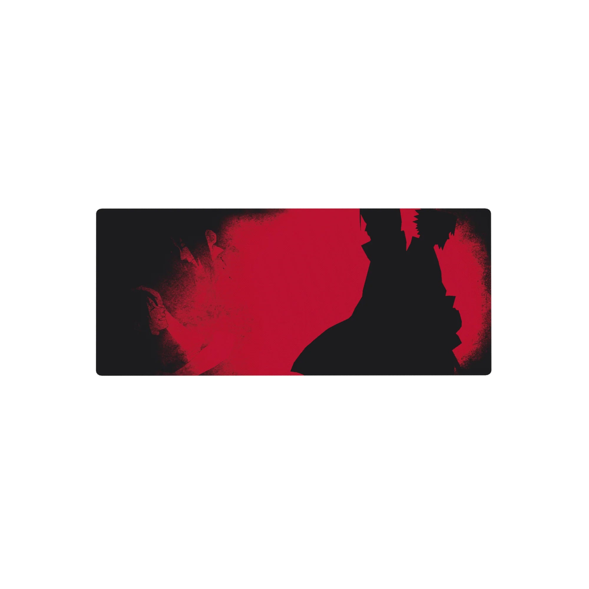 28x12 inches anime mouse pad with Itachi silhouette, flowing cloak, gritty red backdrop, smoky shadows.