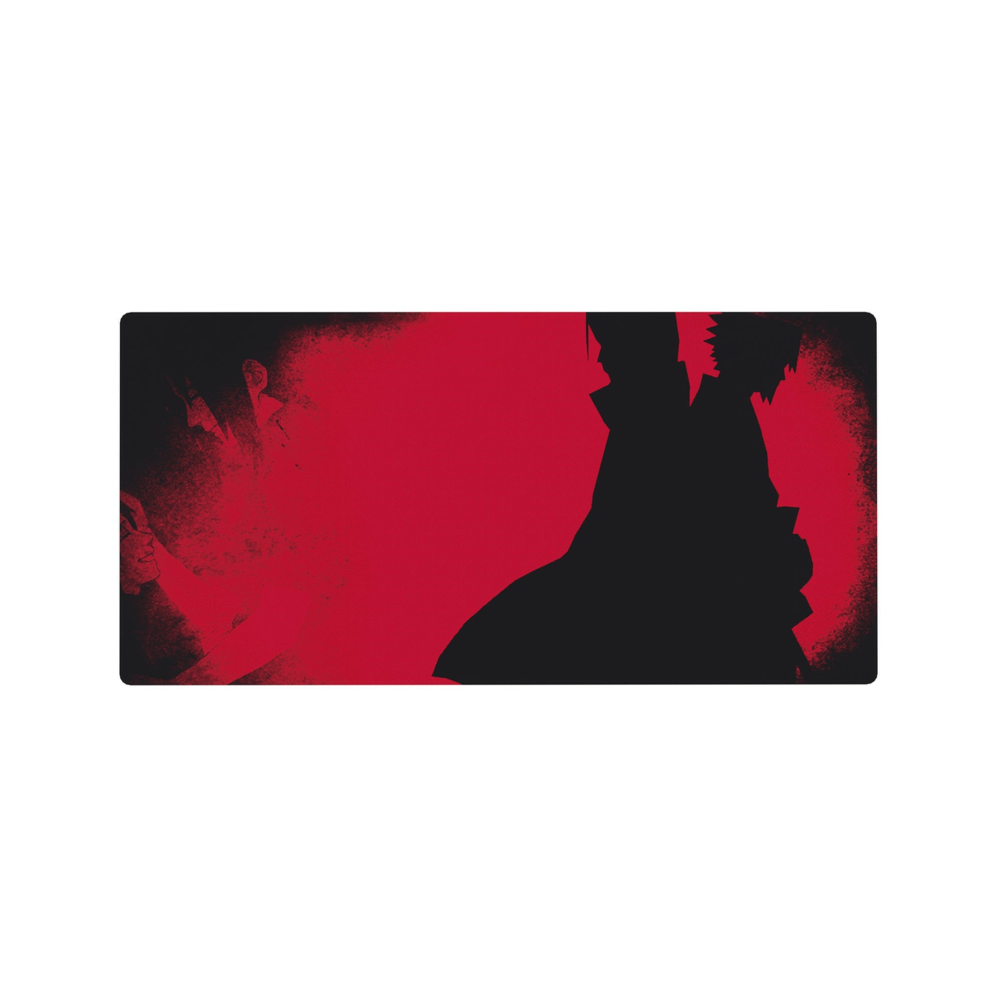 32x16 inches anime mouse pad with Itachi silhouette, flowing cloak, gritty texture, shadowy corners.