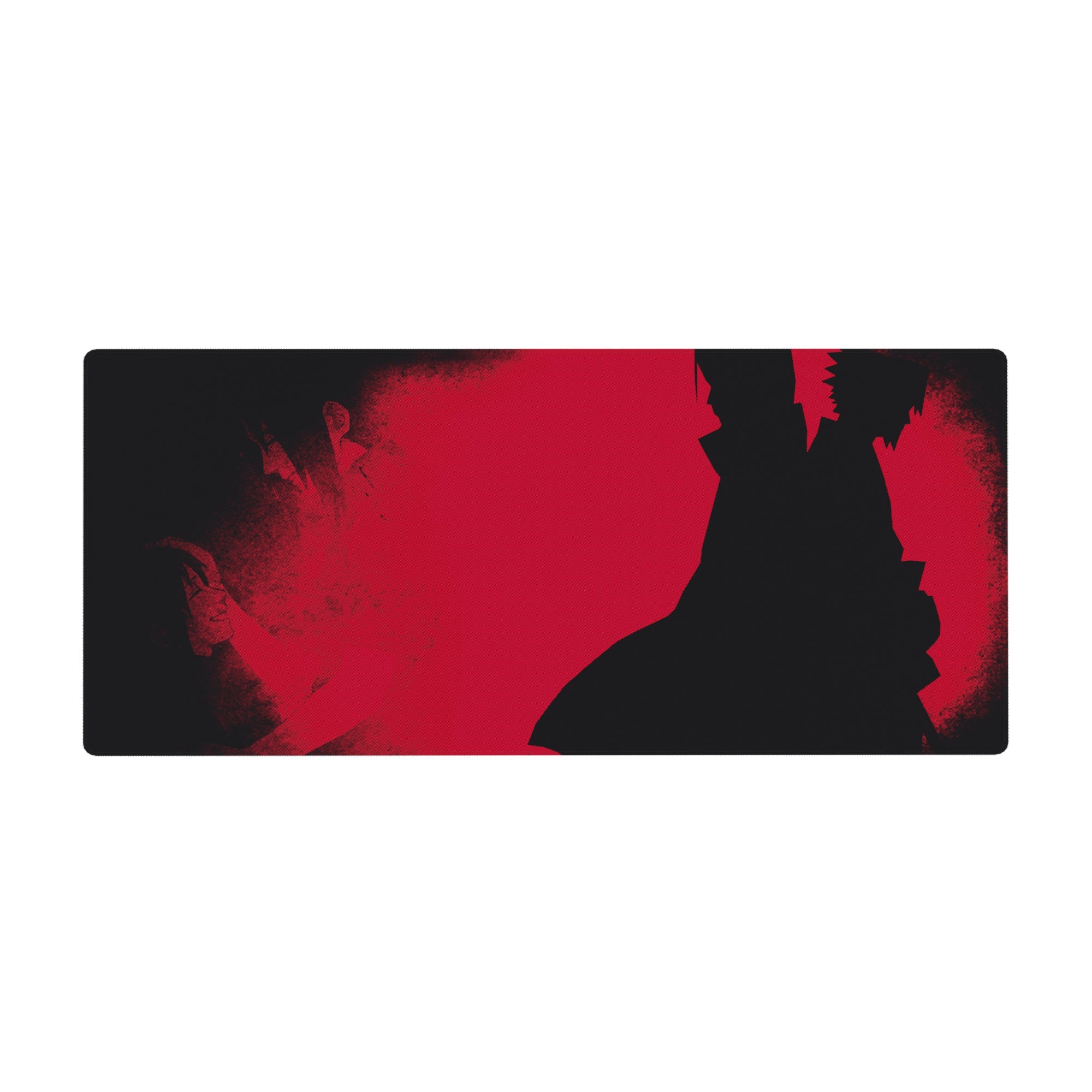 36x16 inches anime desk pad with Itachi-inspired silhouette, flowing cloak, gritty red backdrop, smoky corners.