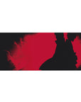 36x16 inches anime desk pad with Itachi-inspired silhouette, flowing cloak, gritty red backdrop, smoky corners.