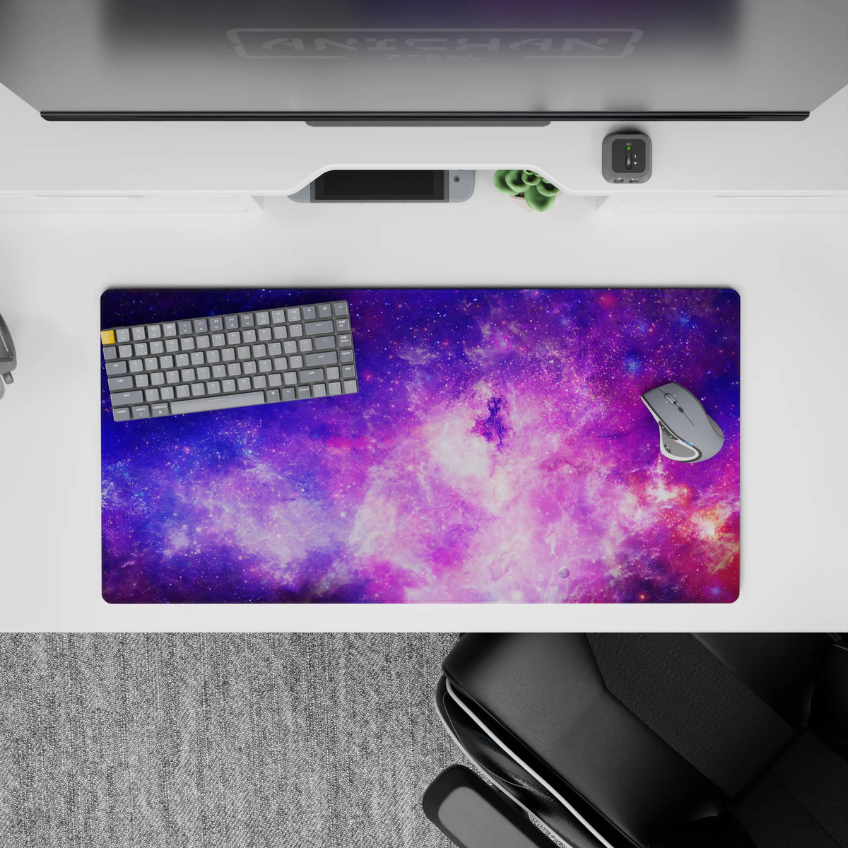 Violet, magenta, and soft electric blue 32x16 inches mouse pad with a calm, dreamy glow.