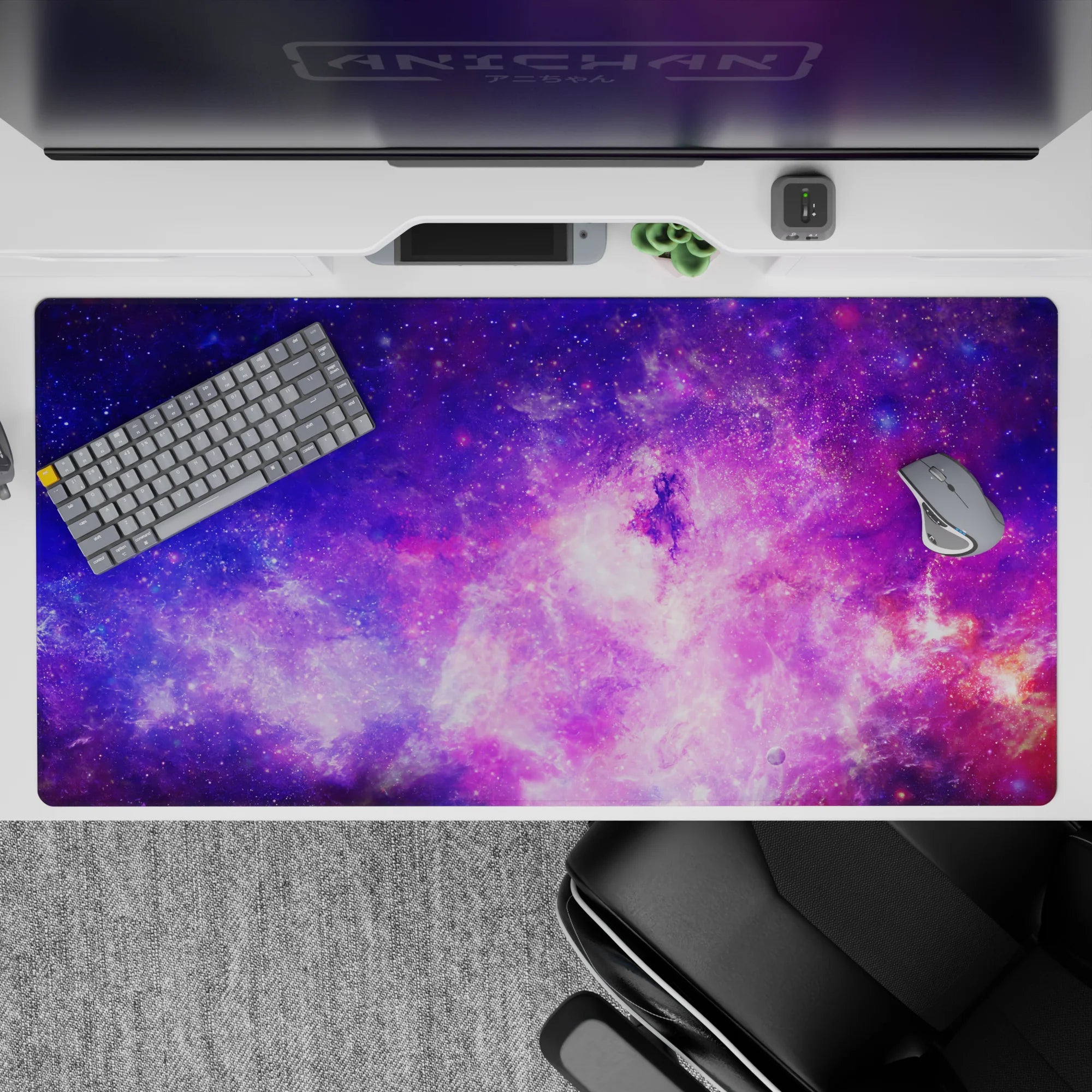 Violet magenta and electric blue desk pad 40x20 inches with calm dreamy late-night mood.