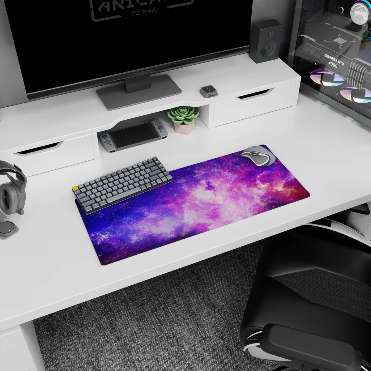 Secret sky scene mouse pad 28x12 inches with tiny stars and drifting purple-blue nebula swirls.