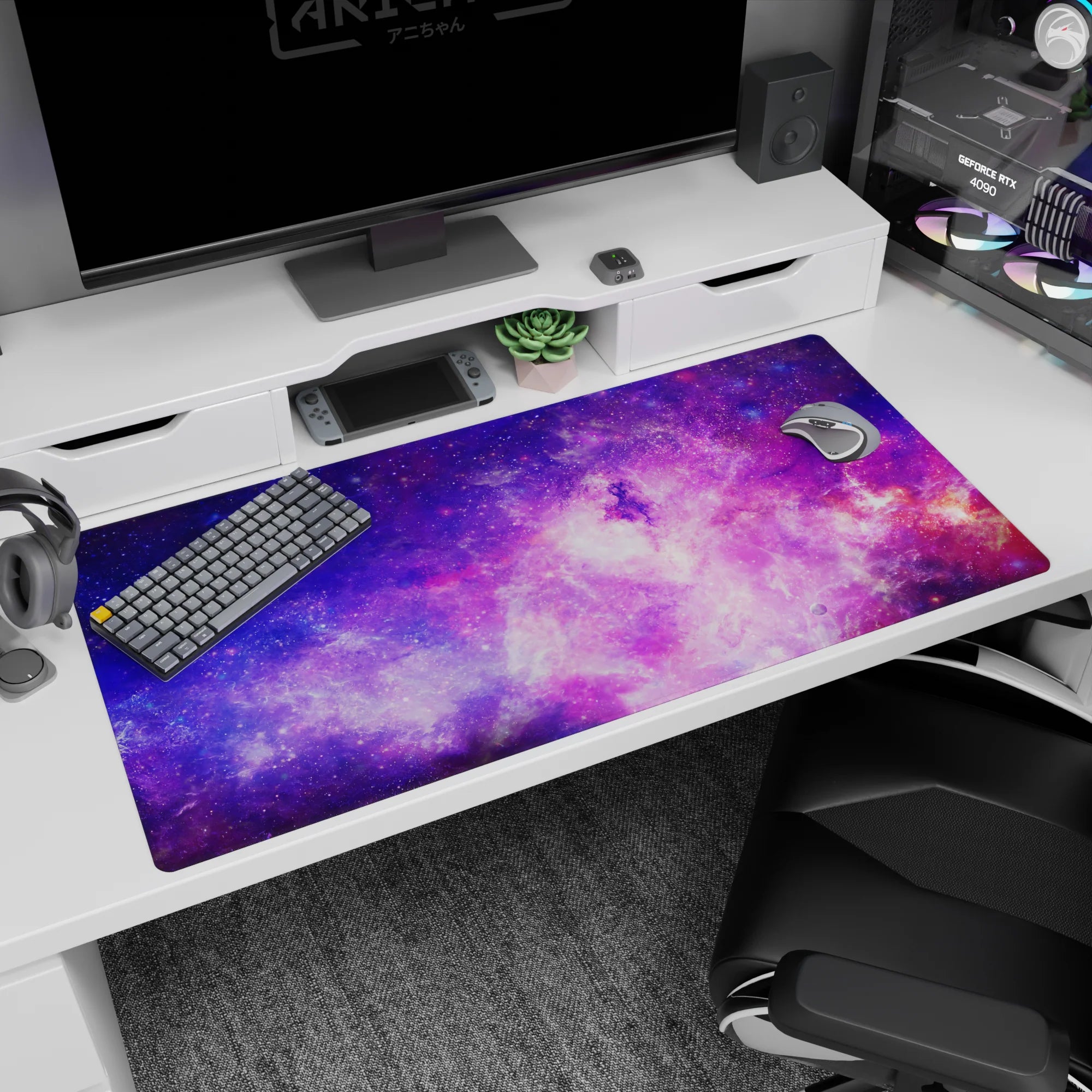 Starry nebula scene desk pad 40x20 inches showing cloudy swirls and tiny stars across a night sky.