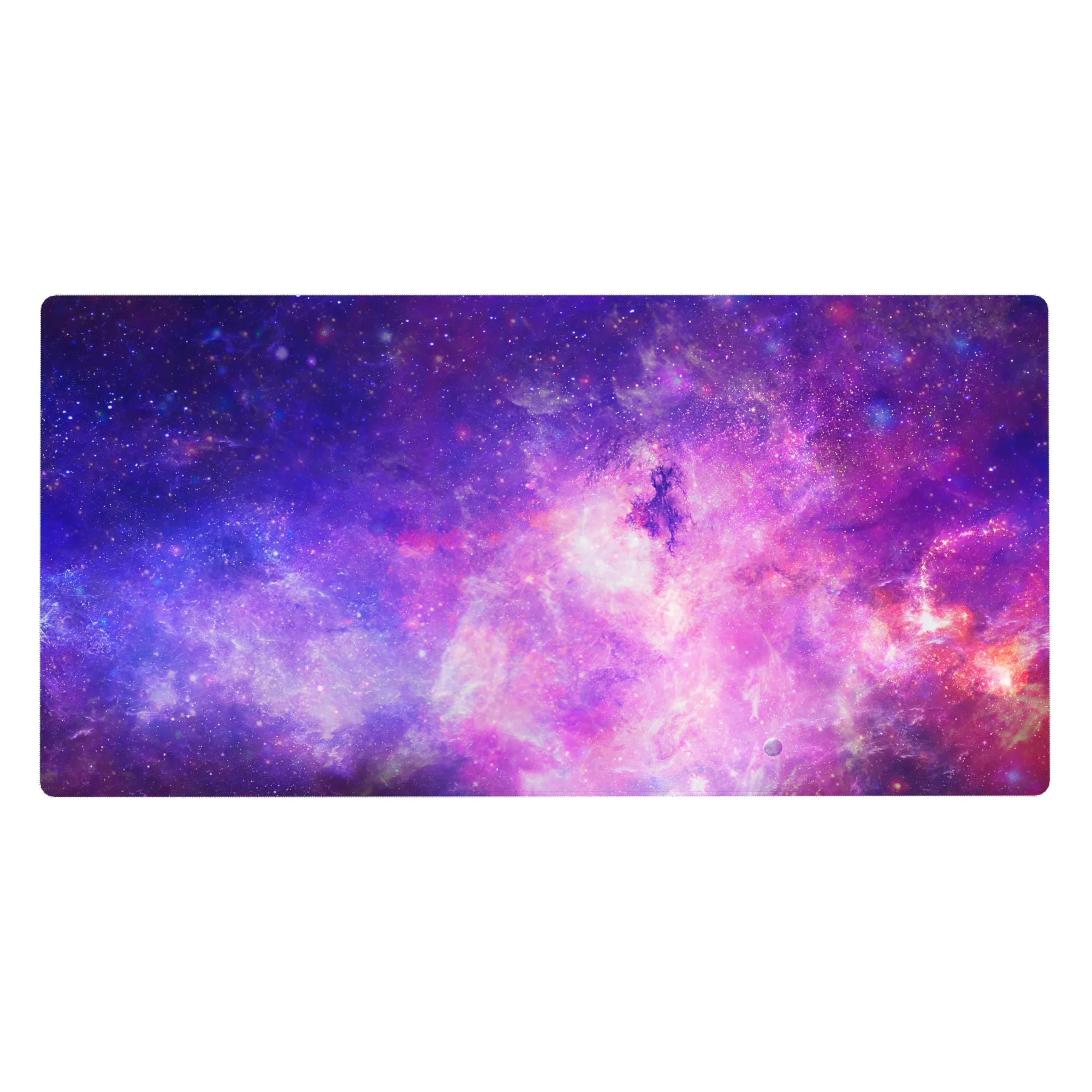 Galaxy nebula desk pad 40x20 inches with star specks and swirling cosmic sky design.