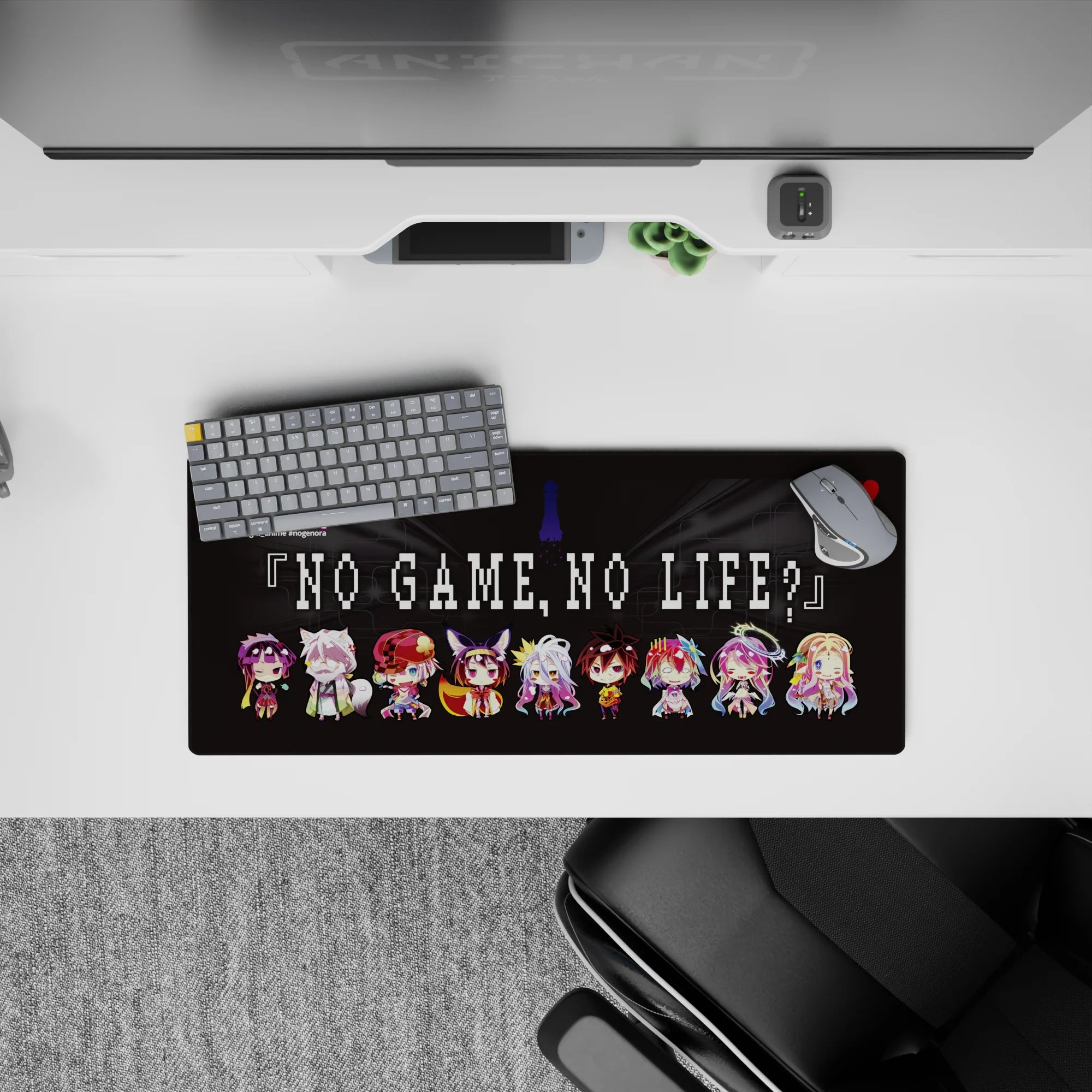 Colorful chibi anime mouse pad with neon halos, pink blue gold hair, playful smirks, 28x12 inches.