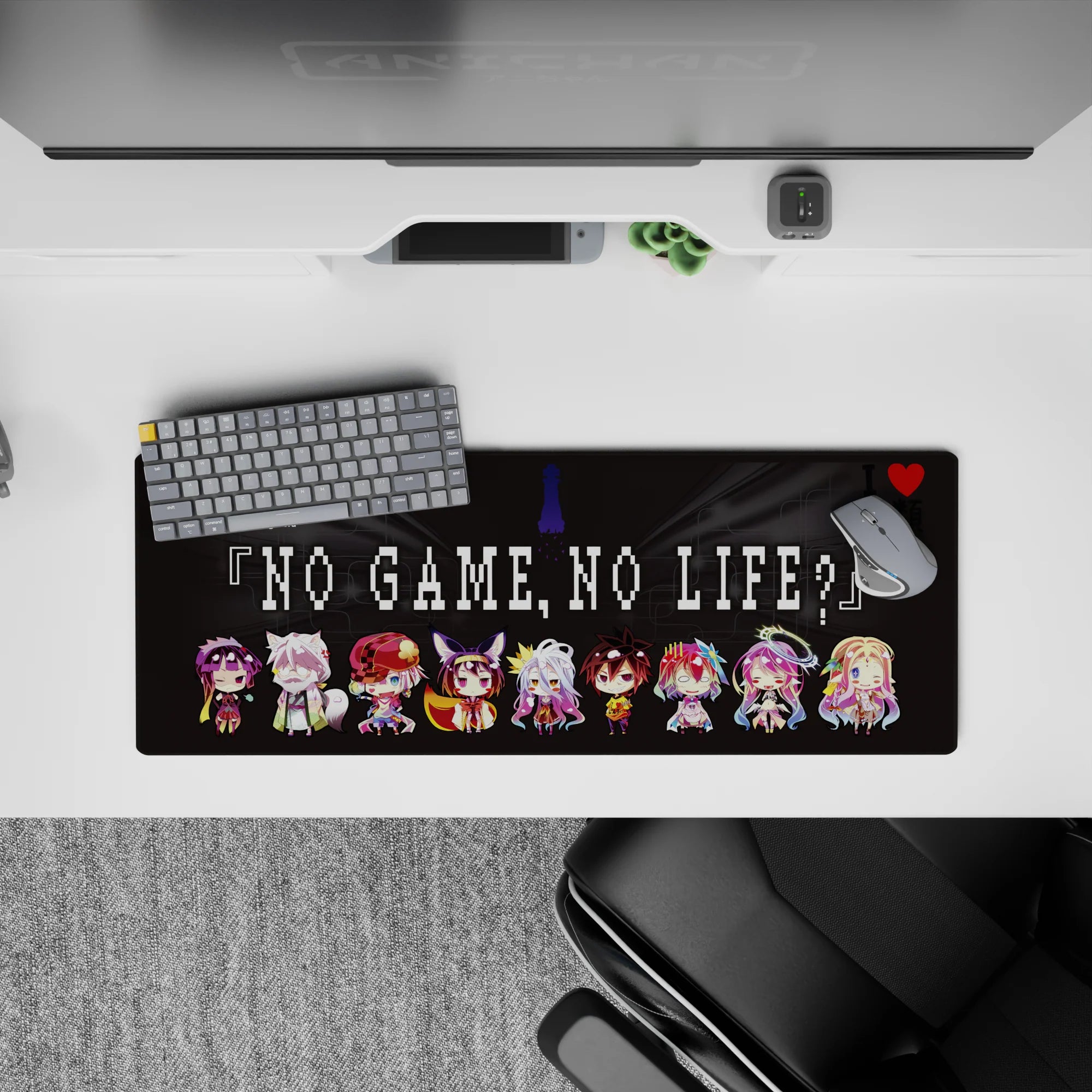 Charcoal desk mat 32x12 inches with candy-bright chibi anime lineup, playful smirks, neon accents.