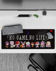 Charcoal desk mat 32x12 inches with candy-bright chibi anime lineup, playful smirks, neon accents.