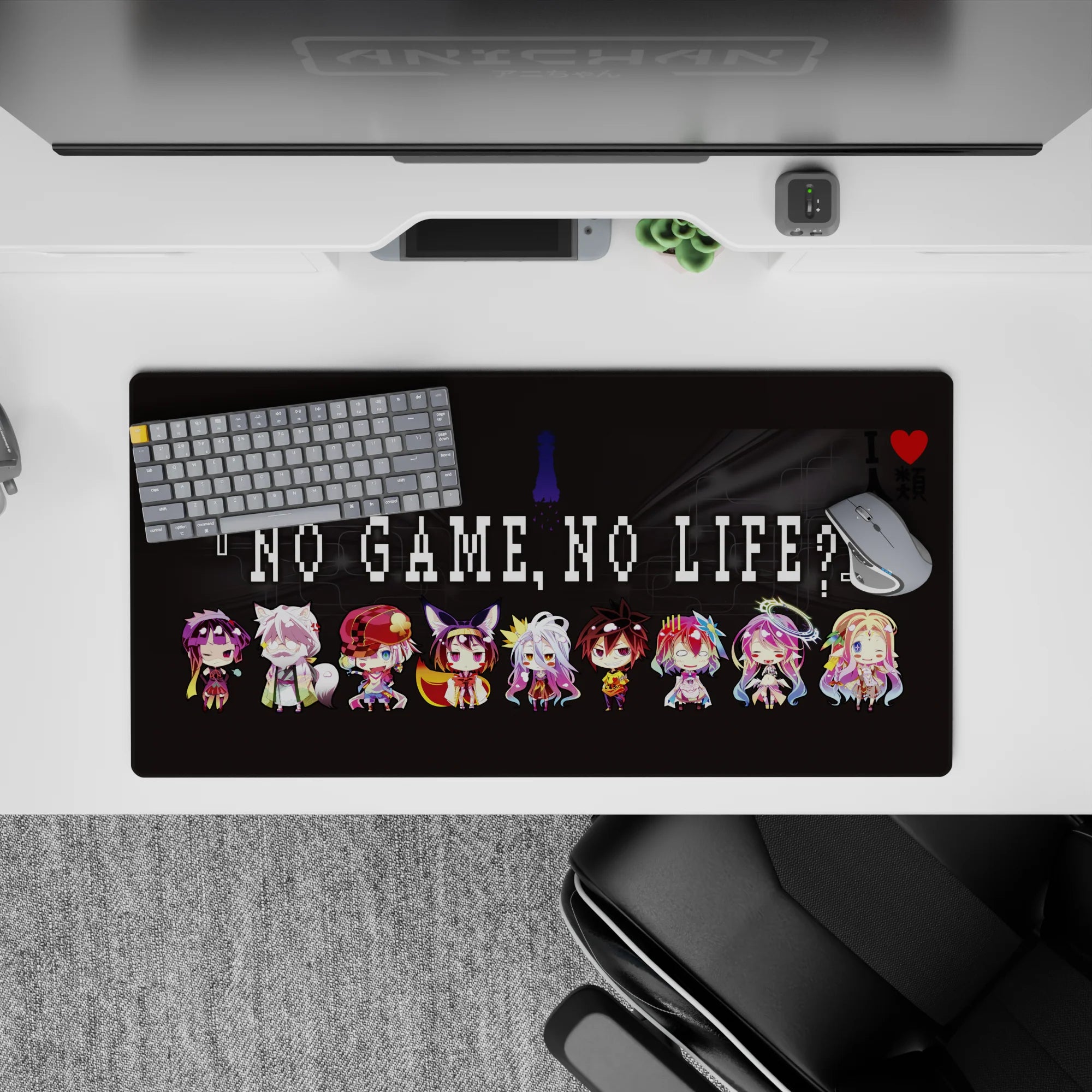 Charcoal anime mouse pad 32x16 inches with neon halos, candy-bright hair, and playful smirks.