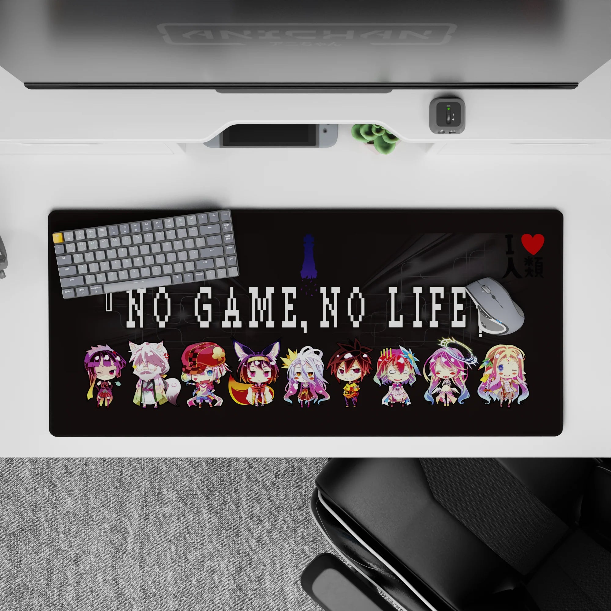 36x16 inches anime desk pad in neon brights on deep charcoal, playful smirks and sleepy eyes vibe.