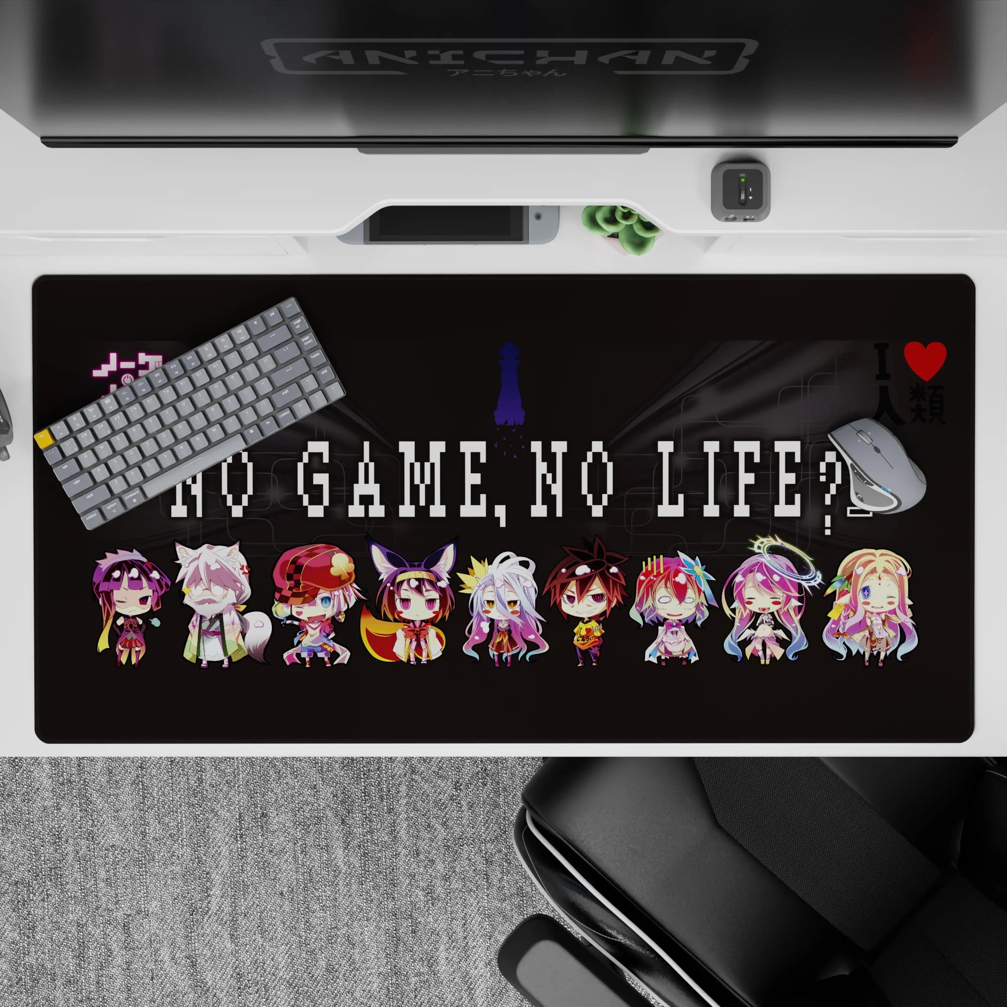 40x20 inches anime desk pad in candy-bright pink, blue, and gold with playful smirks and sleepy eyes.