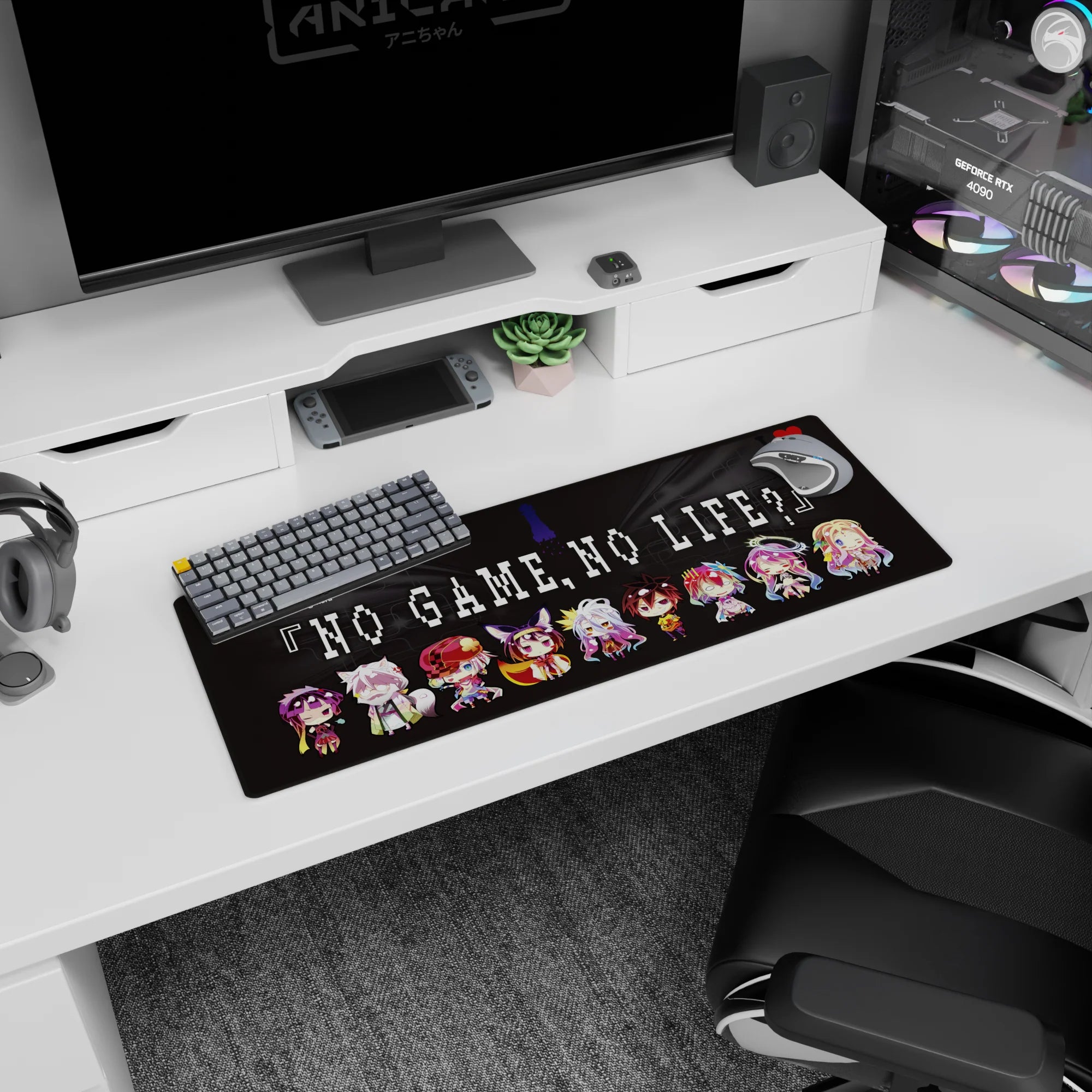 Anime mouse pad 32x12 inches showing chibi lineup with fox ears, tiny crowns, and a red cap on dark.