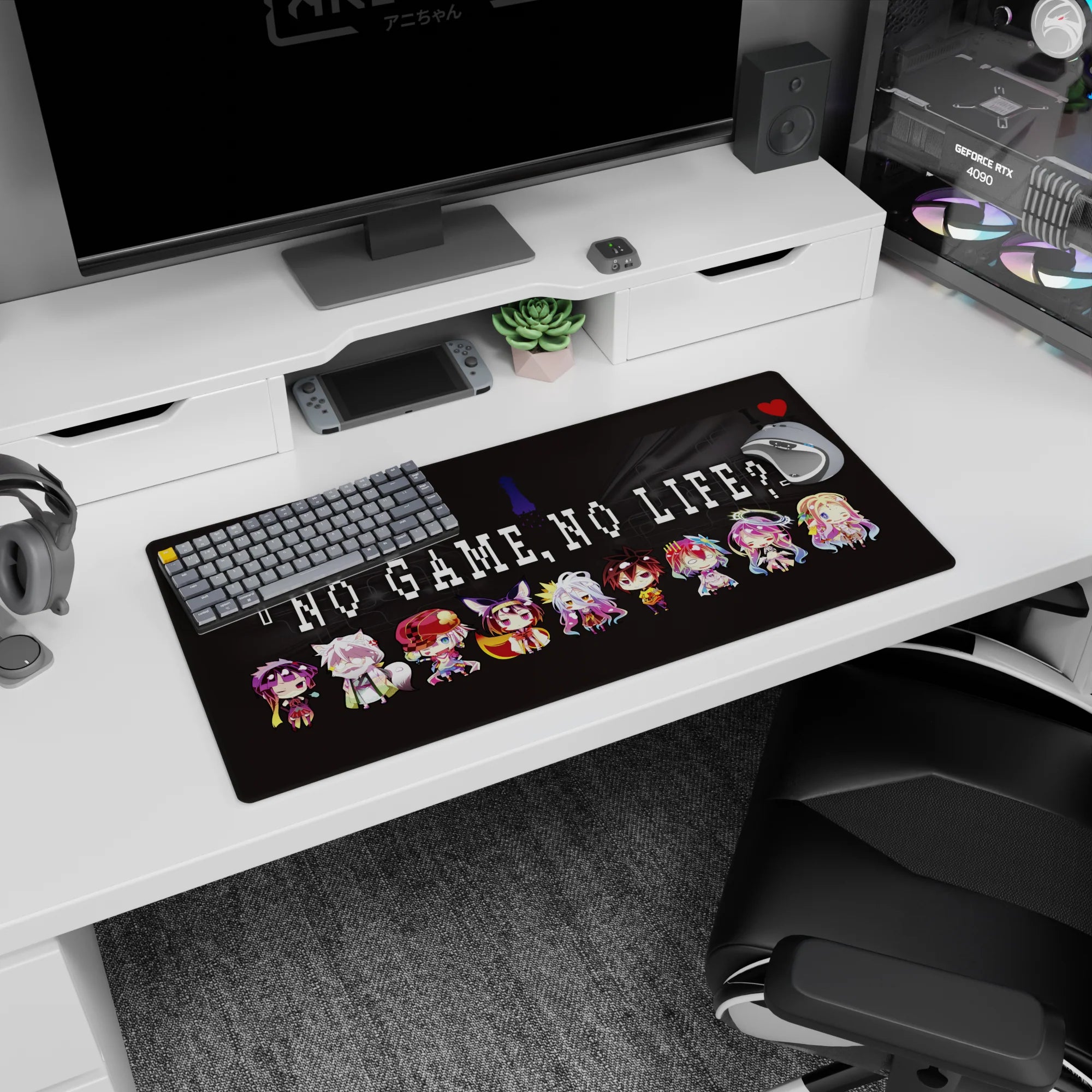 Chibi fox-ear and crown crew scene anime mouse pad 32x16 inches with capes and sleepy eyes.