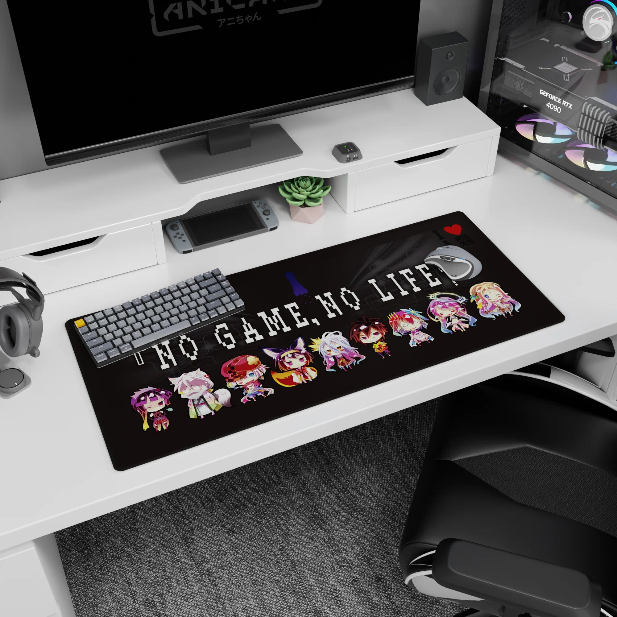 36x16 inches anime desk pad with chibi cast in fox ears, crowns, halos, capes, and candy hair.