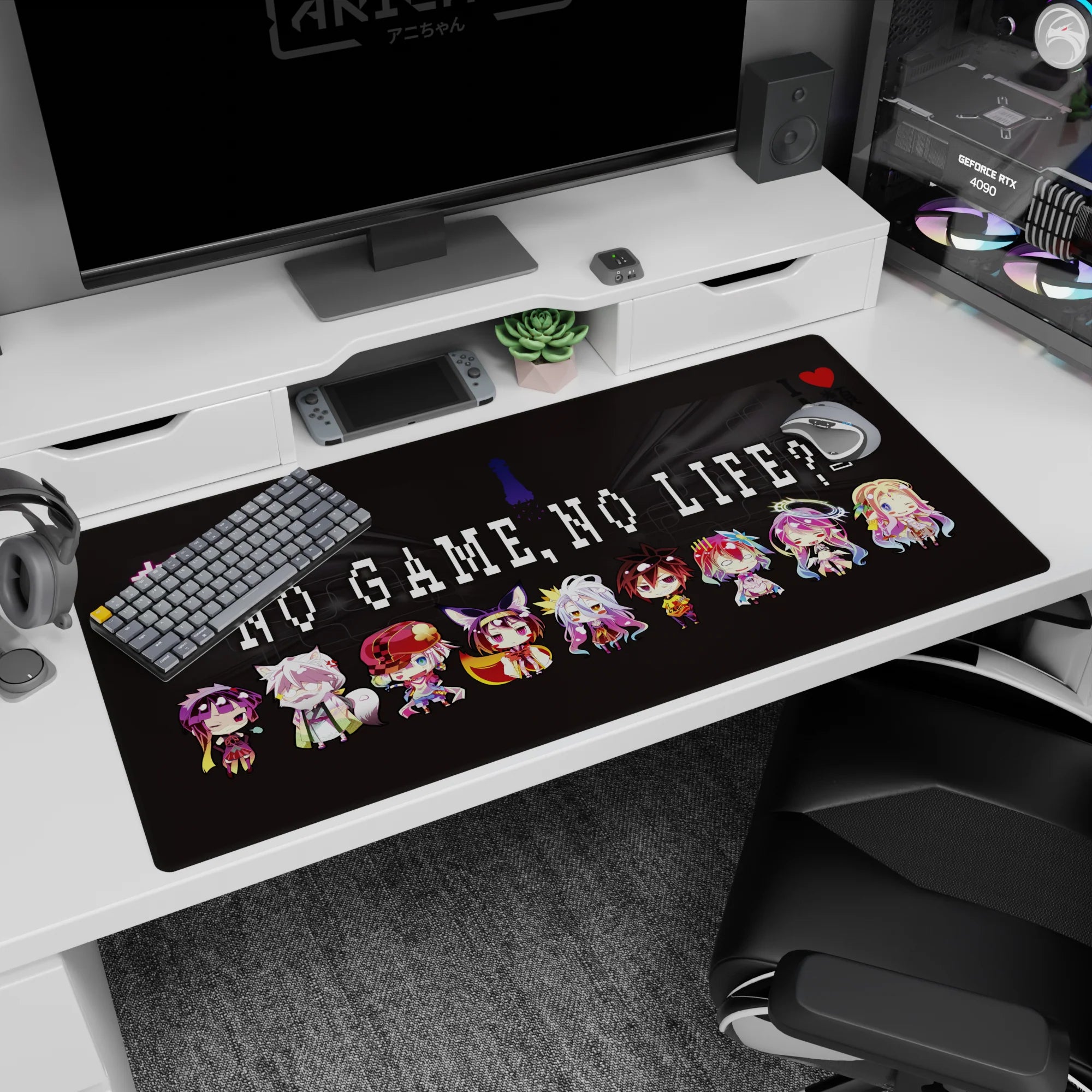 40x20 inches anime desk pad showing chibi cast with fox ears, tiny crowns, neon halos, cap and cape.