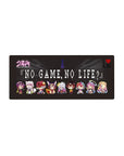 NO GAME NO LIFE chibi lineup anime mouse pad, pixel text on deep charcoal backdrop, 28x12 inches.
