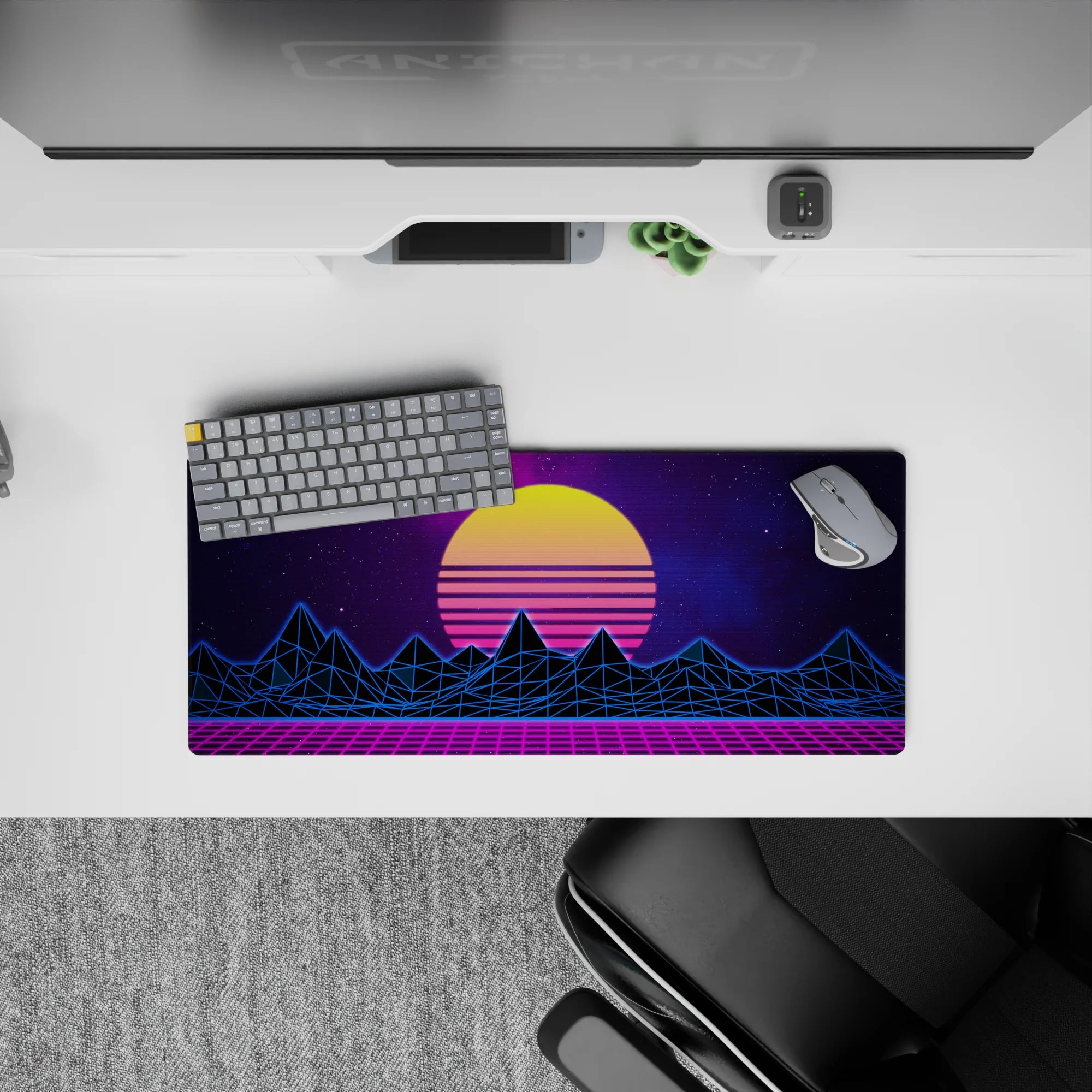 Retrowave - Vaporwave Deskmat | Mousepad | Deskpad - Neon Horizon Peaks - AniChan