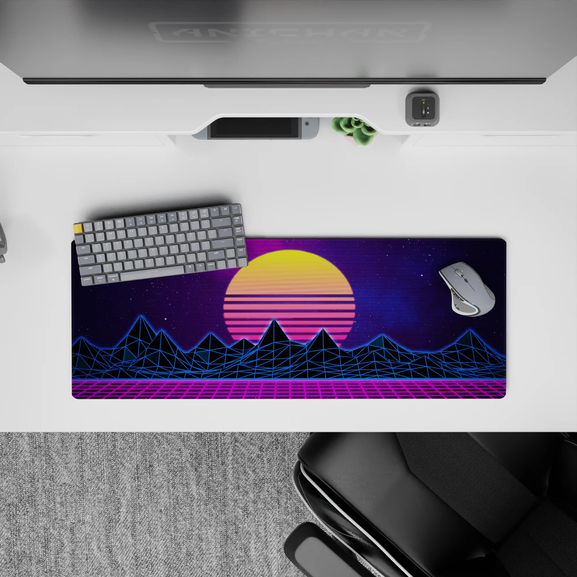 Retrowave - Vaporwave Deskmat | Mousepad | Deskpad - Neon Horizon Peaks - AniChan