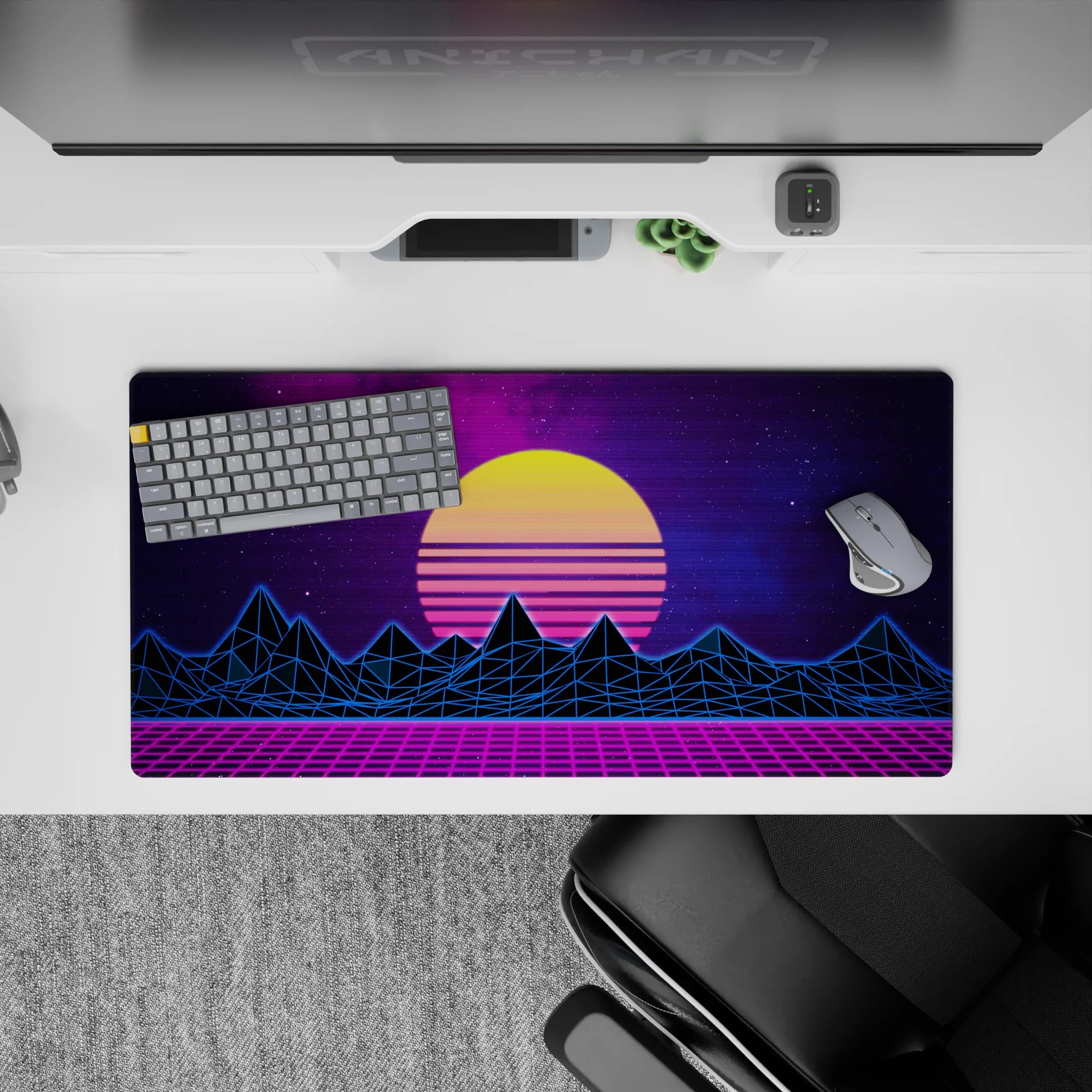 Retrowave - Vaporwave Deskmat | Mousepad | Deskpad - Neon Horizon Peaks - AniChan