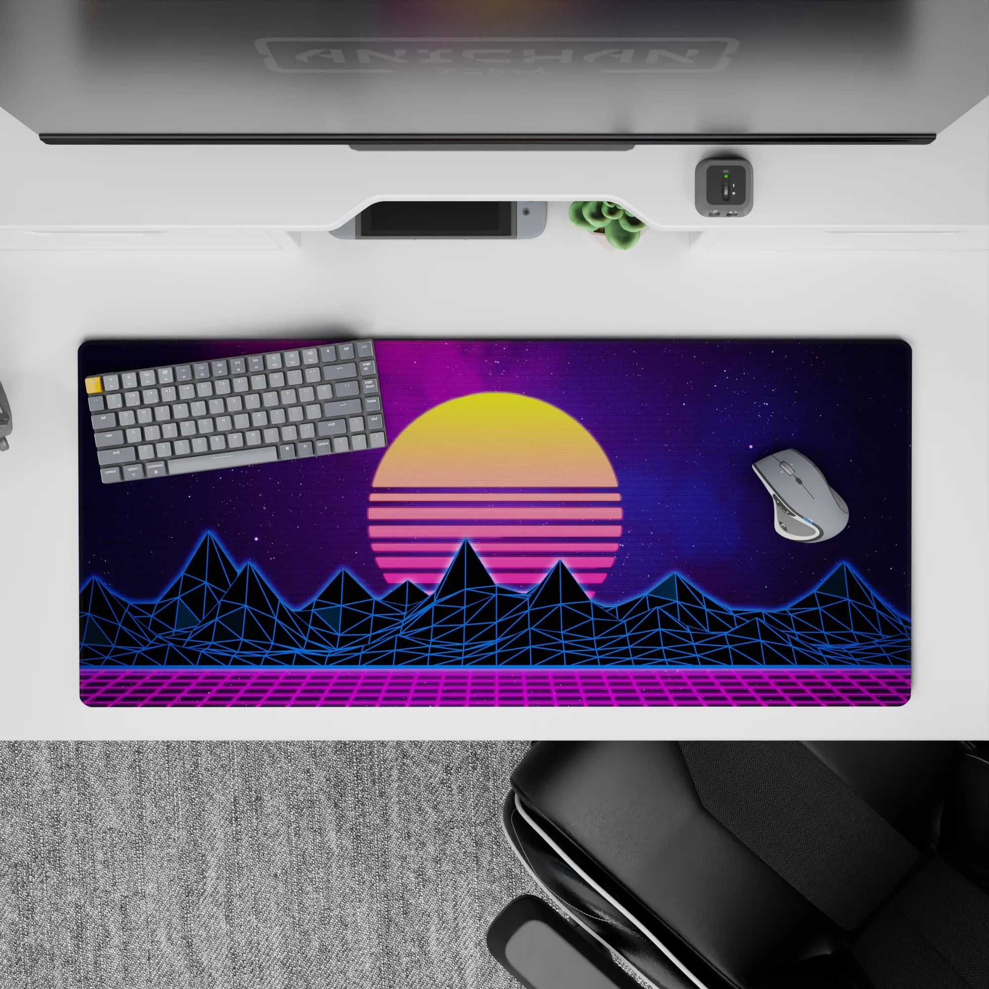 Retrowave - Vaporwave Deskmat | Mousepad | Deskpad - Neon Horizon Peaks - AniChan