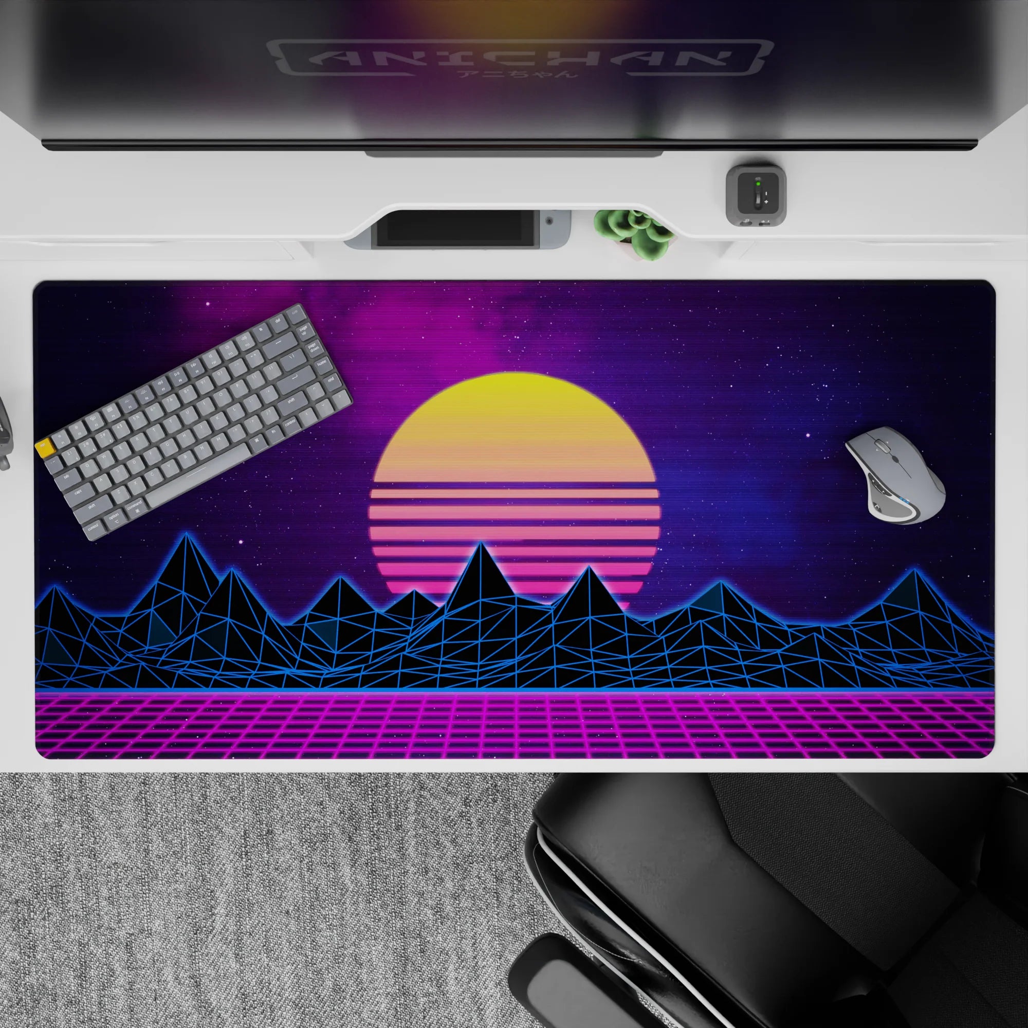 Retrowave - Vaporwave Deskmat | Mousepad | Deskpad - Neon Horizon Peaks - AniChan