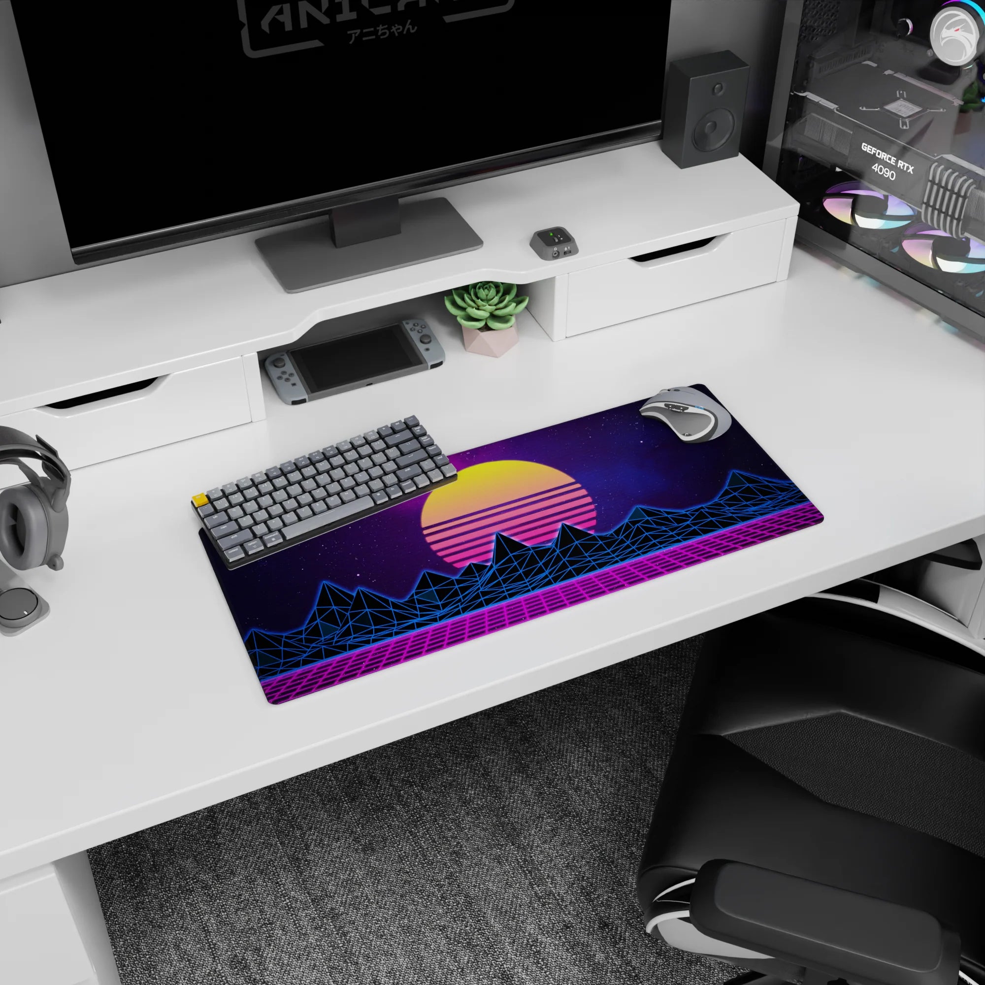 Retrowave - Vaporwave Deskmat | Mousepad | Deskpad - Neon Horizon Peaks - AniChan