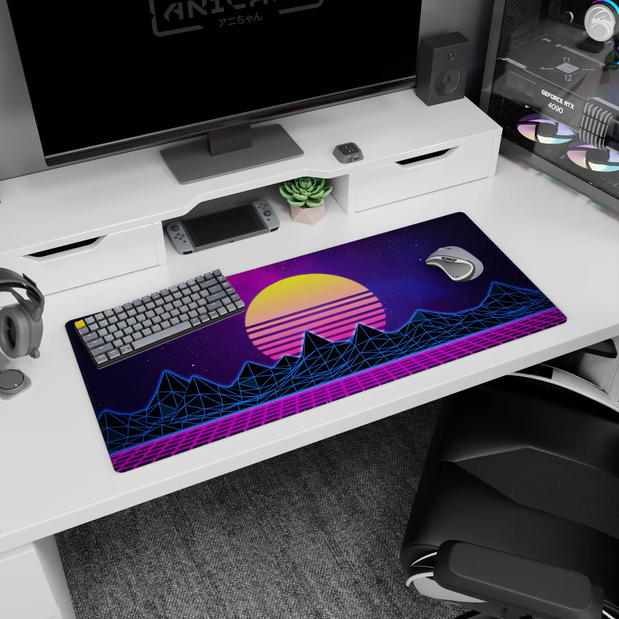 Retrowave - Vaporwave Deskmat | Mousepad | Deskpad - Neon Horizon Peaks - AniChan