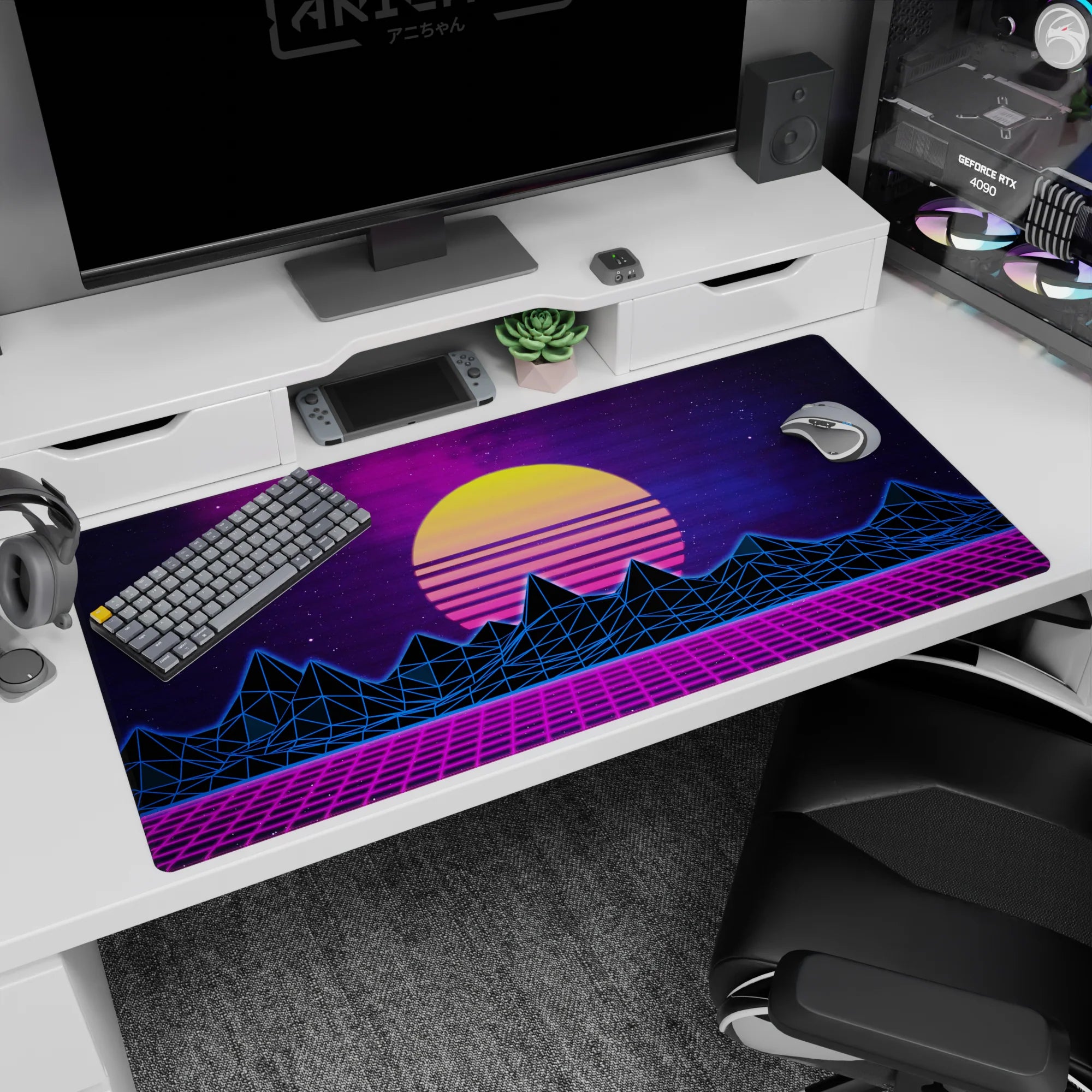 Retrowave - Vaporwave Deskmat | Mousepad | Deskpad - Neon Horizon Peaks - AniChan