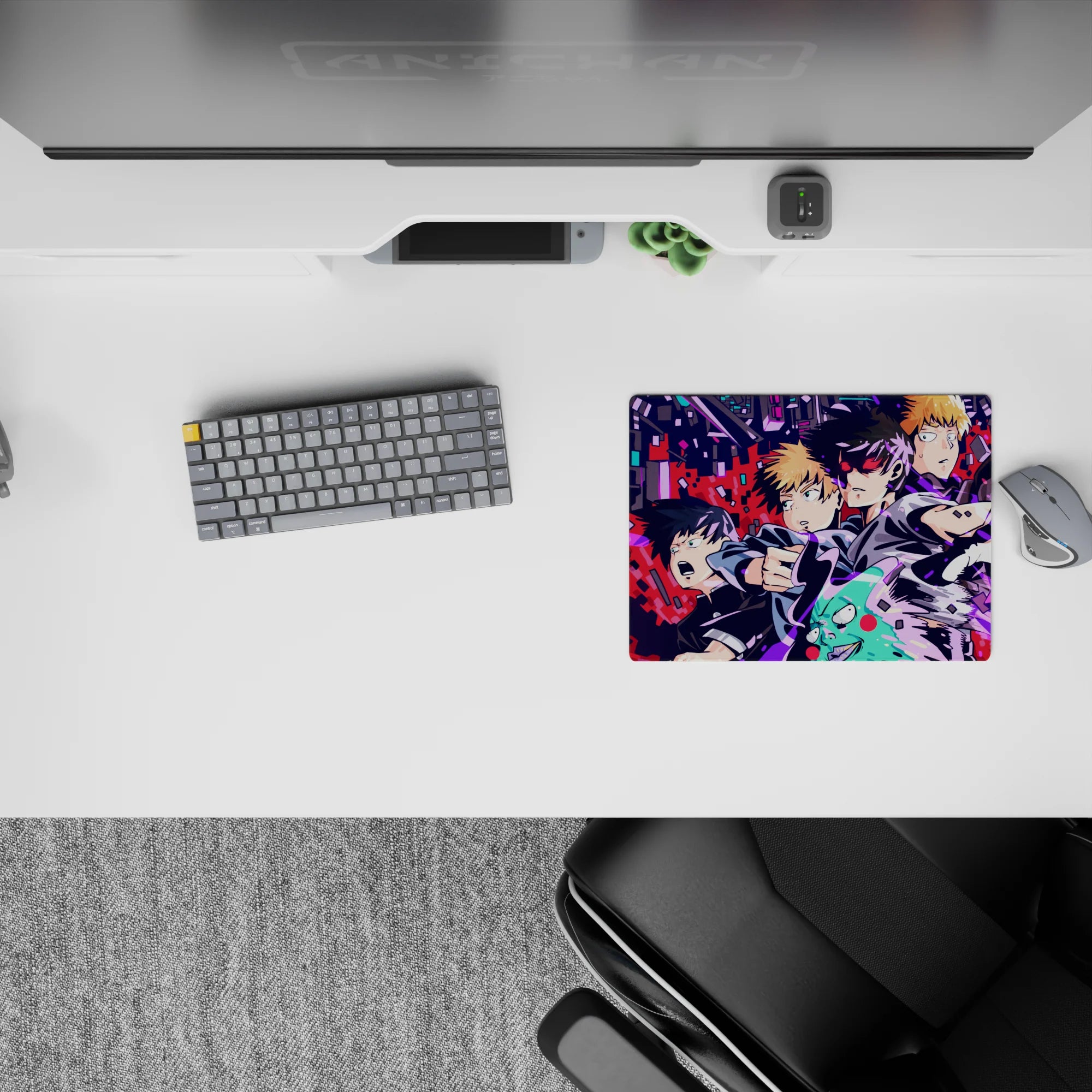 Classic anime mouse pad 14x10 inches in hot magenta and electric blue, loud neon chaos vibe.