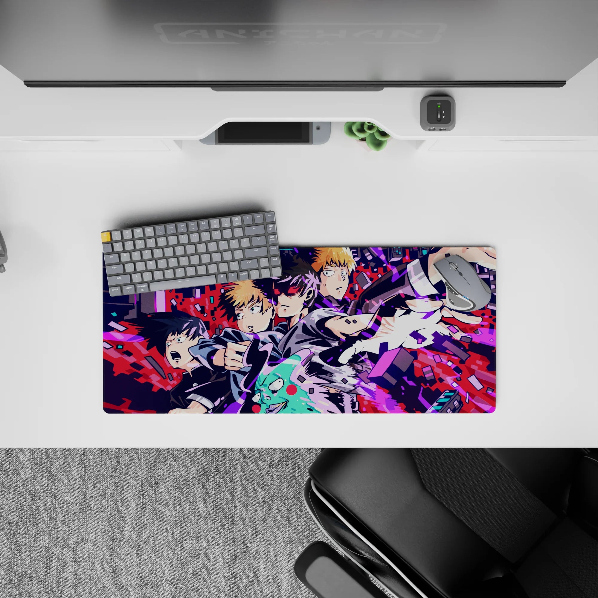 Electric blue and hot magenta chaos on deep black anime mouse pad, loud cyber vibe, 28x12 inches.