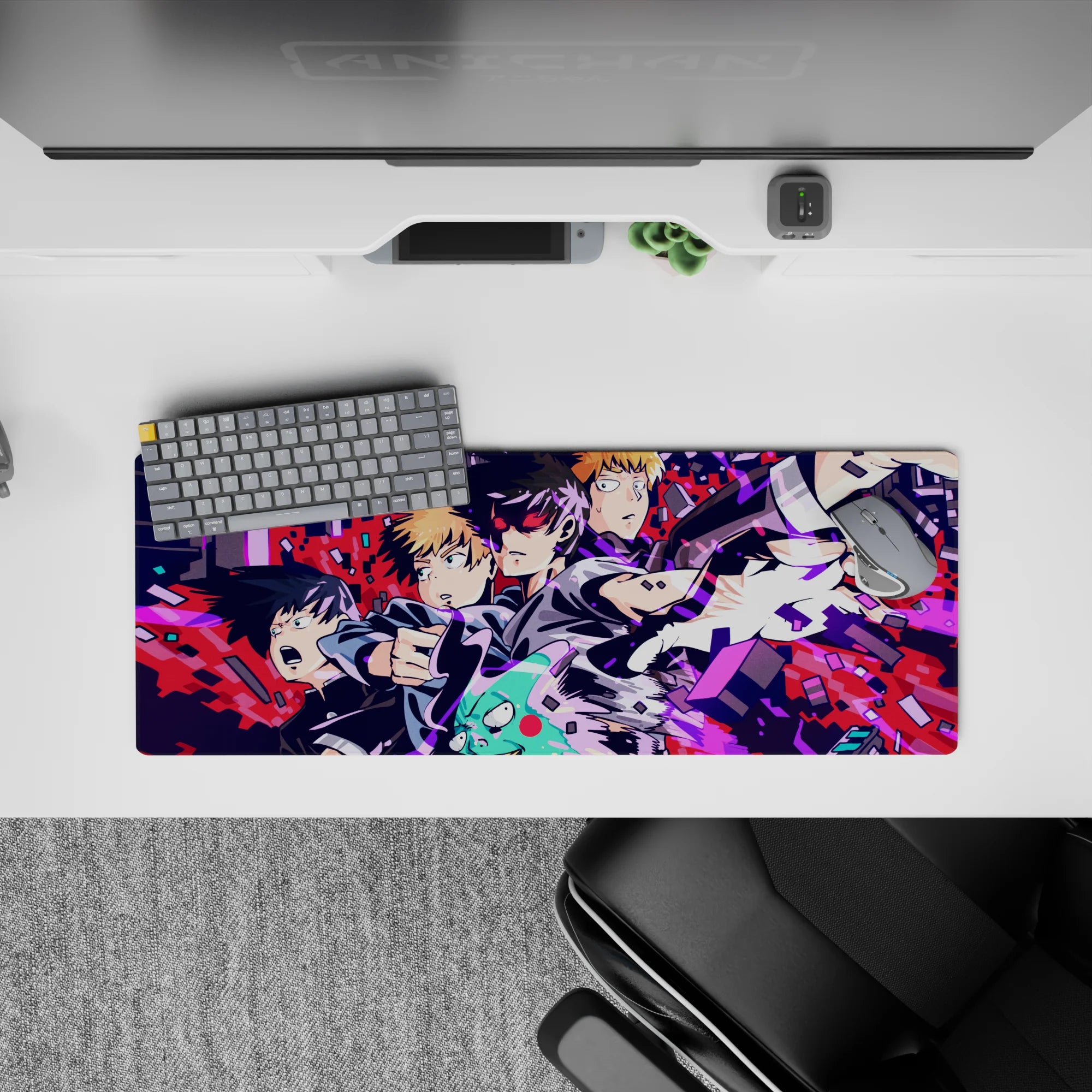 Hot magenta and electric blue cyber chaos desk mat anime mouse pad, loud energetic vibe, 32x12 inches.