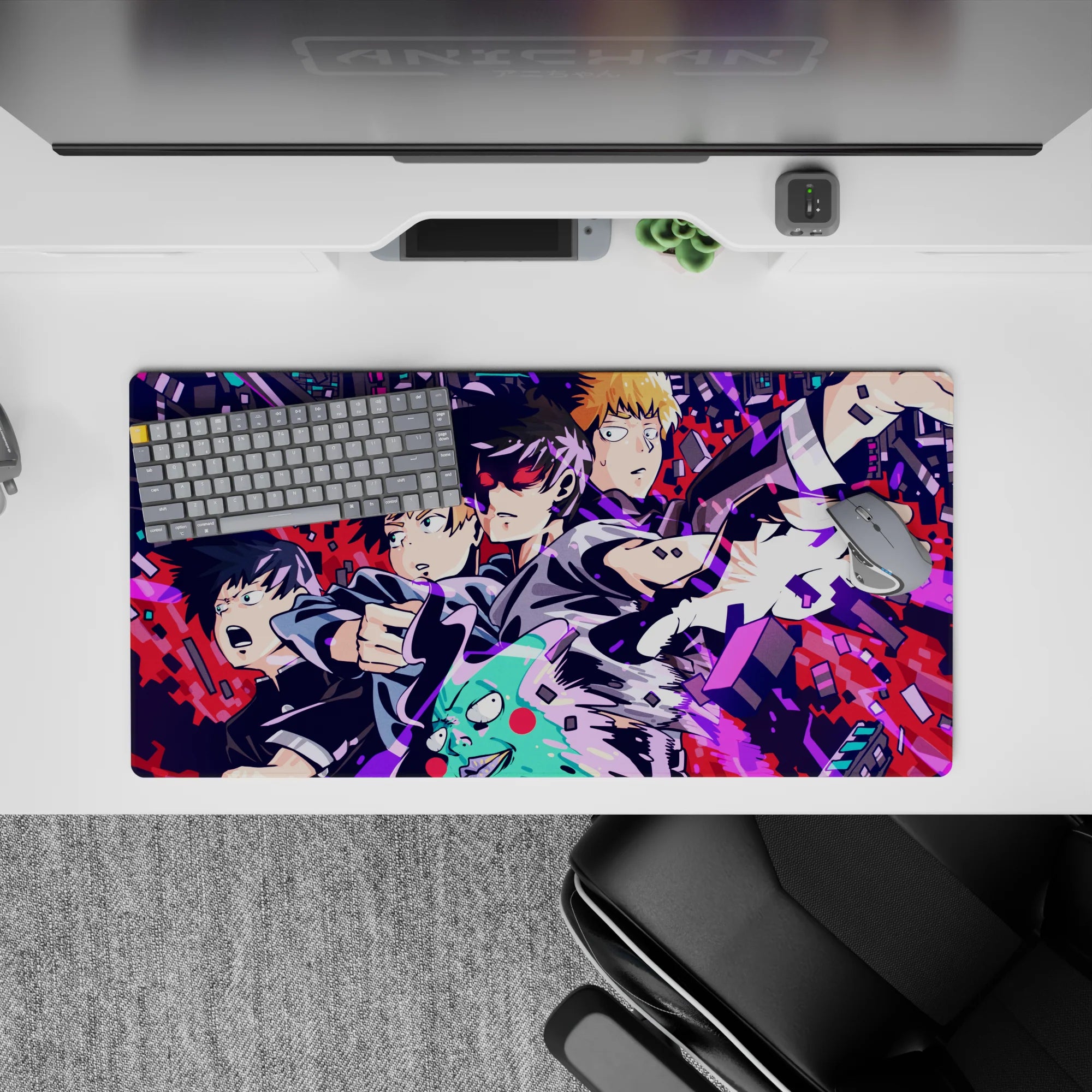 Electric magenta and blue chaos anime mouse pad 32x16 inches, loud cyber vibe on deep black.