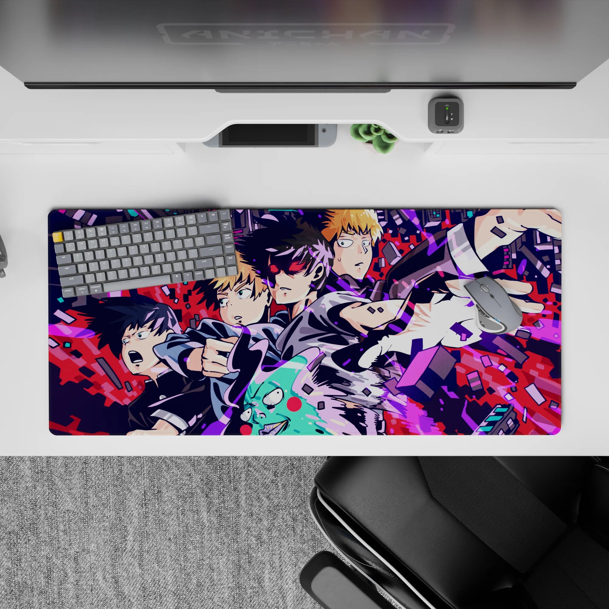 Electric blue and hot magenta cyber chaos anime desk pad, loud energetic vibe, 36x16 inches.