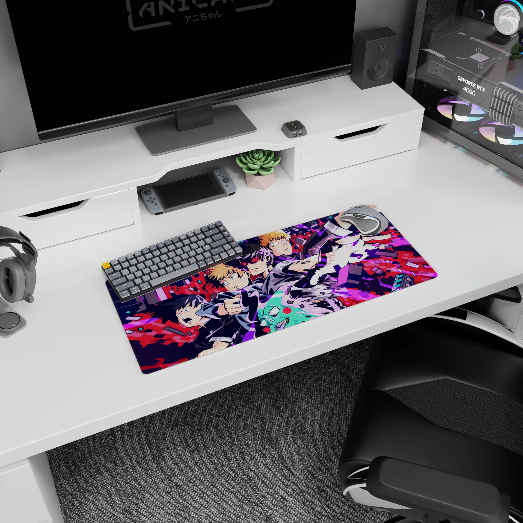 Mob reaching forward with blazing eyes as Reigen reacts, action scene anime mouse pad, 28x12 inches.