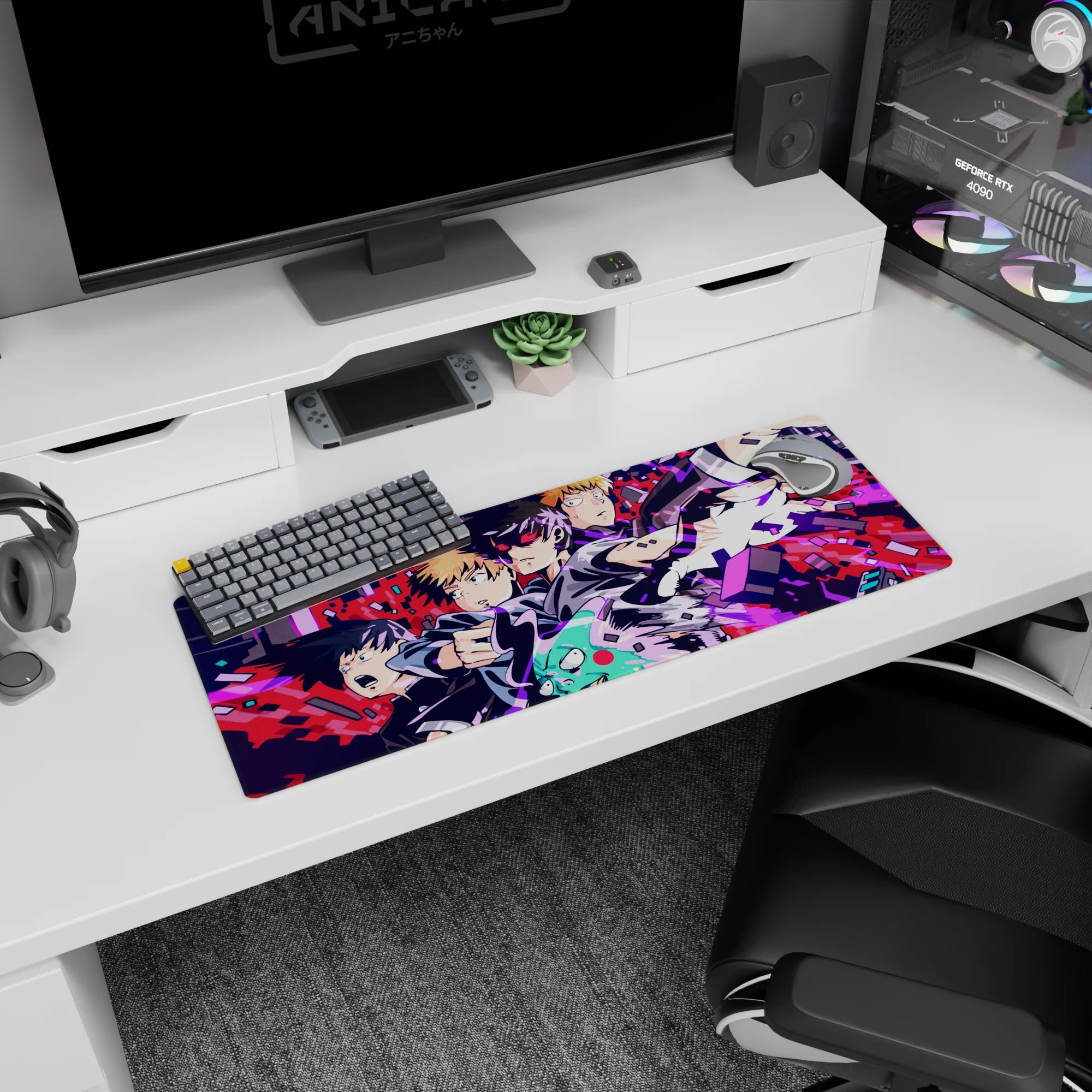 Mob reaching forward with blazing eyes, Reigen and crew shocked behind, anime mouse pad 32x12 inches.