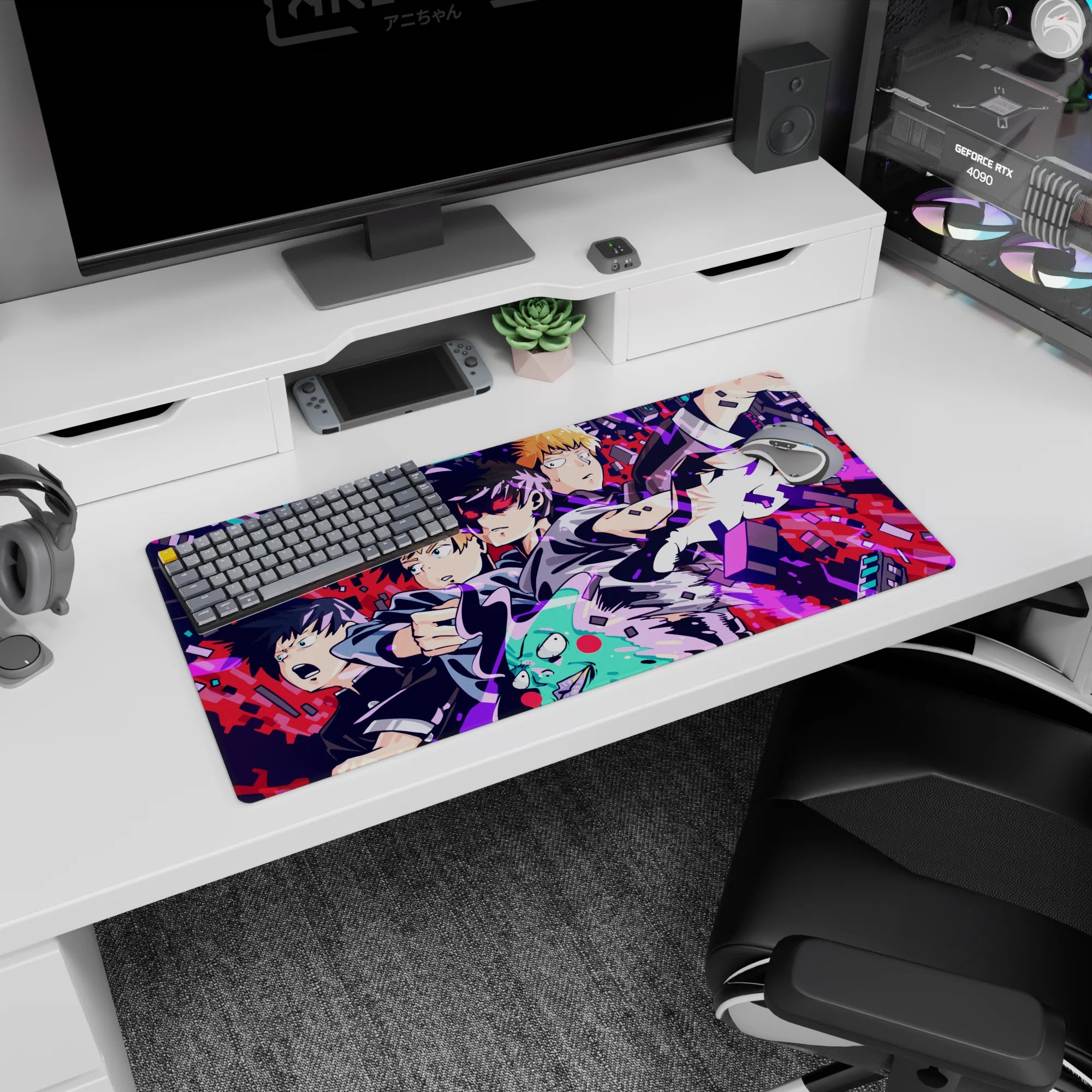 Mob reaching forward as Reigen and crew react, anime mouse pad 32x16 inches in neon city burst.