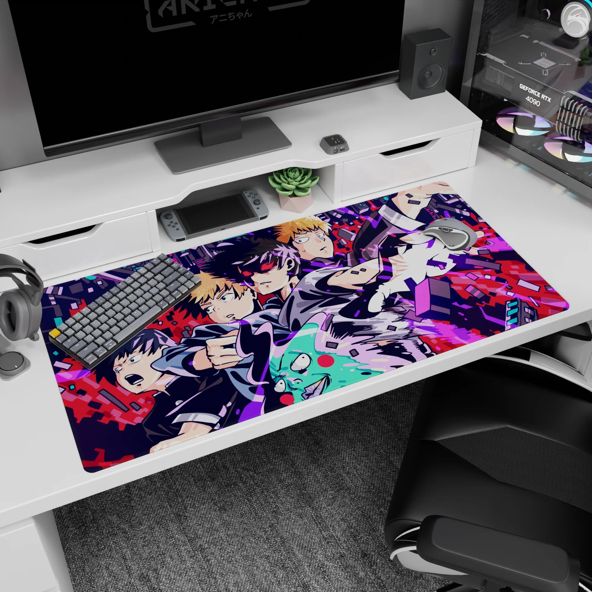 Mob reaching forward, eyes blazing, Reigen and crew shocked behind, anime desk pad 40x20 inches.