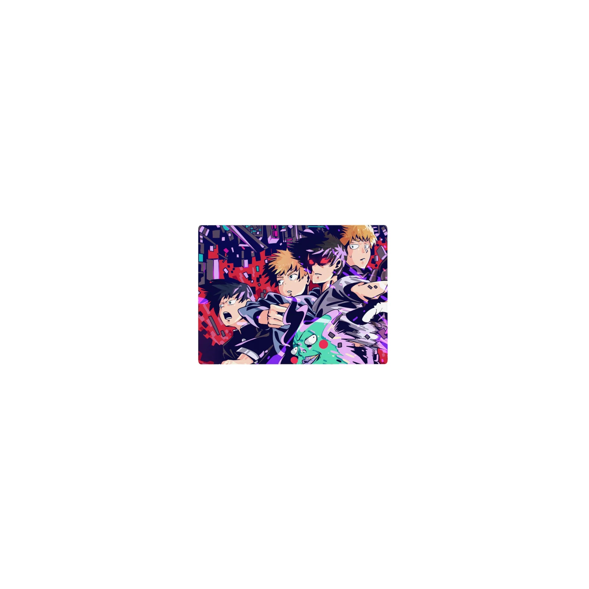 Mob Psycho 100 classic anime mouse pad 14x10 inches with neon city shards and action lineup.