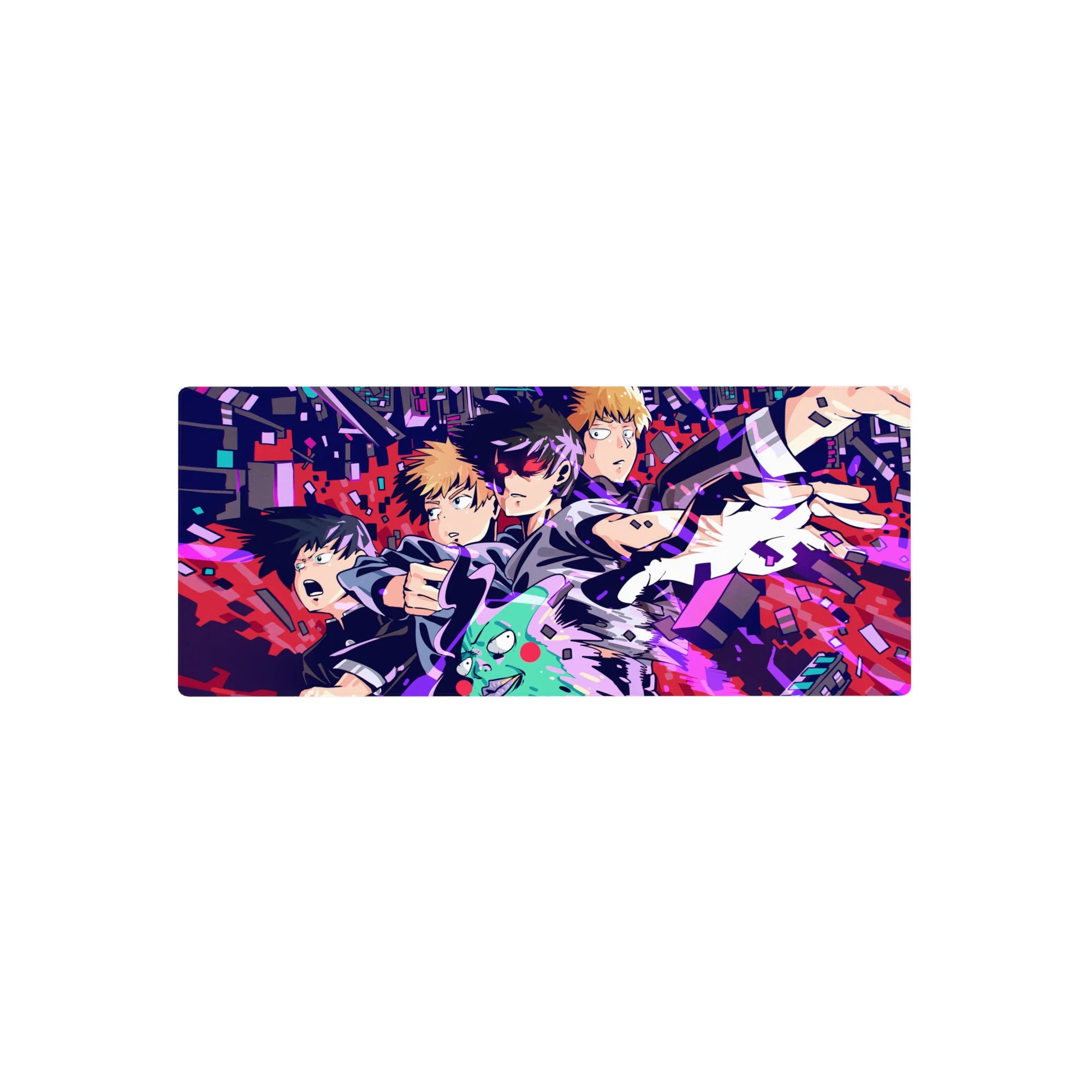 Mob Psycho 100 neon city burst anime mouse pad, jagged pixel shards and school uniforms, 28x12 inches.