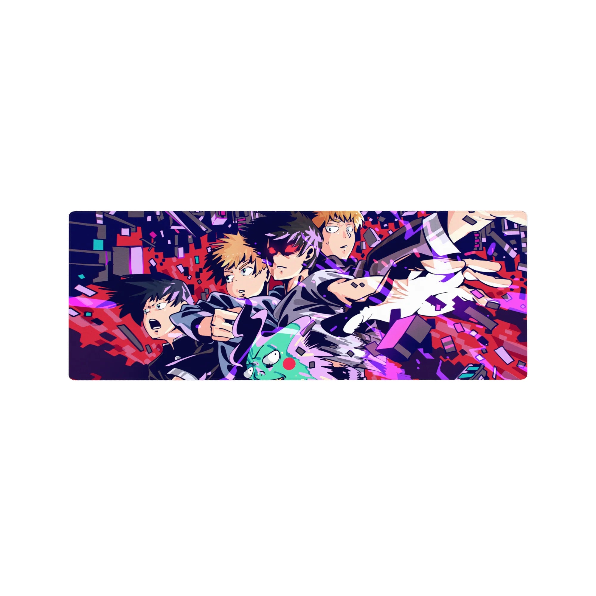 Mob Psycho 100 neon city action anime mouse pad, jagged pixel shards design, 32x12 inches.