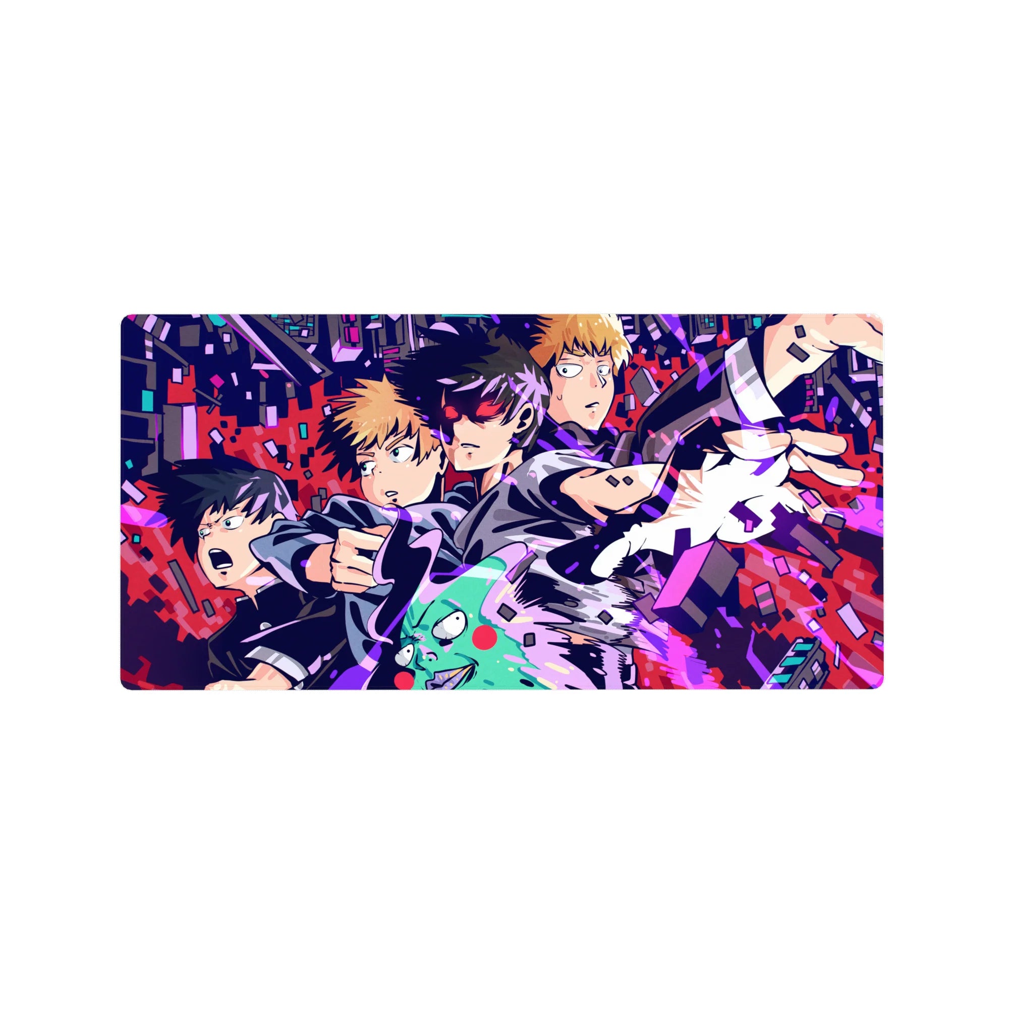 Mob Psycho 100 neon city anime mouse pad 32x16 inches with jagged pixel shards and action pose.