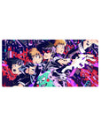 Mob Psycho 100 neon city anime mouse pad 32x16 inches with jagged pixel shards and action pose.