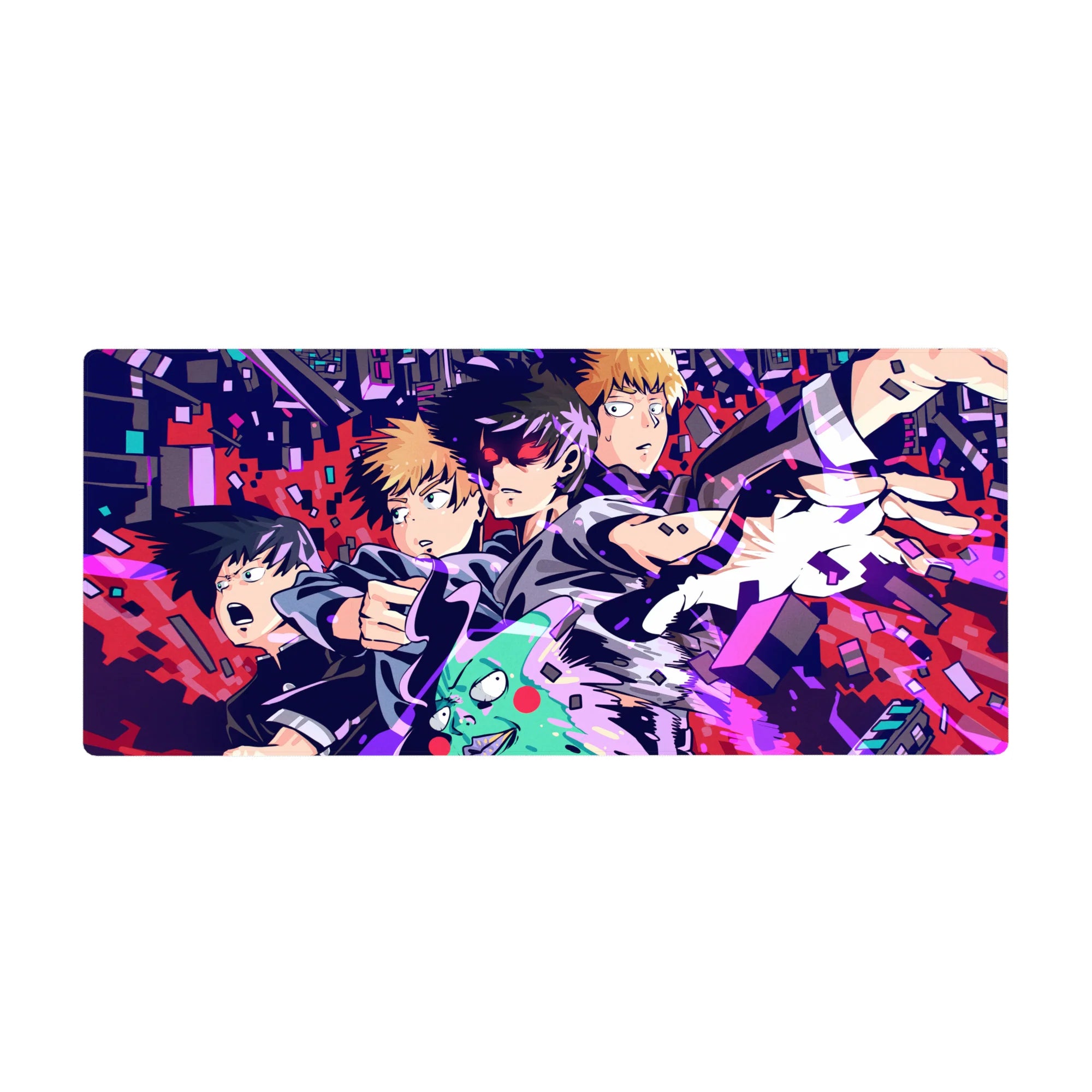 Mob Psycho 100 neon city action anime desk pad, jagged pixel shards, 36x16 inches.
