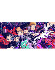 Mob Psycho 100 neon city action anime desk pad, jagged pixel shards, 36x16 inches.
