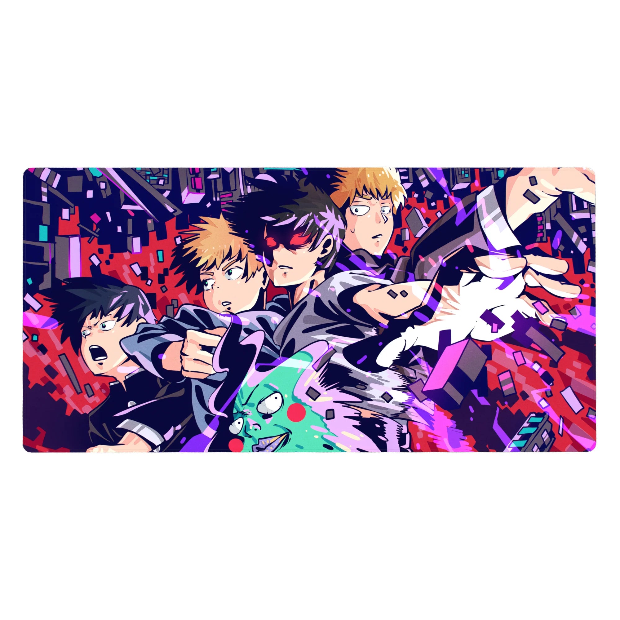 Mob Psycho 100 neon city anime desk pad, jagged pixel shards, school uniforms, 40x20 inches.