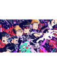 Mob Psycho 100 neon city anime desk pad, jagged pixel shards, school uniforms, 40x20 inches.
